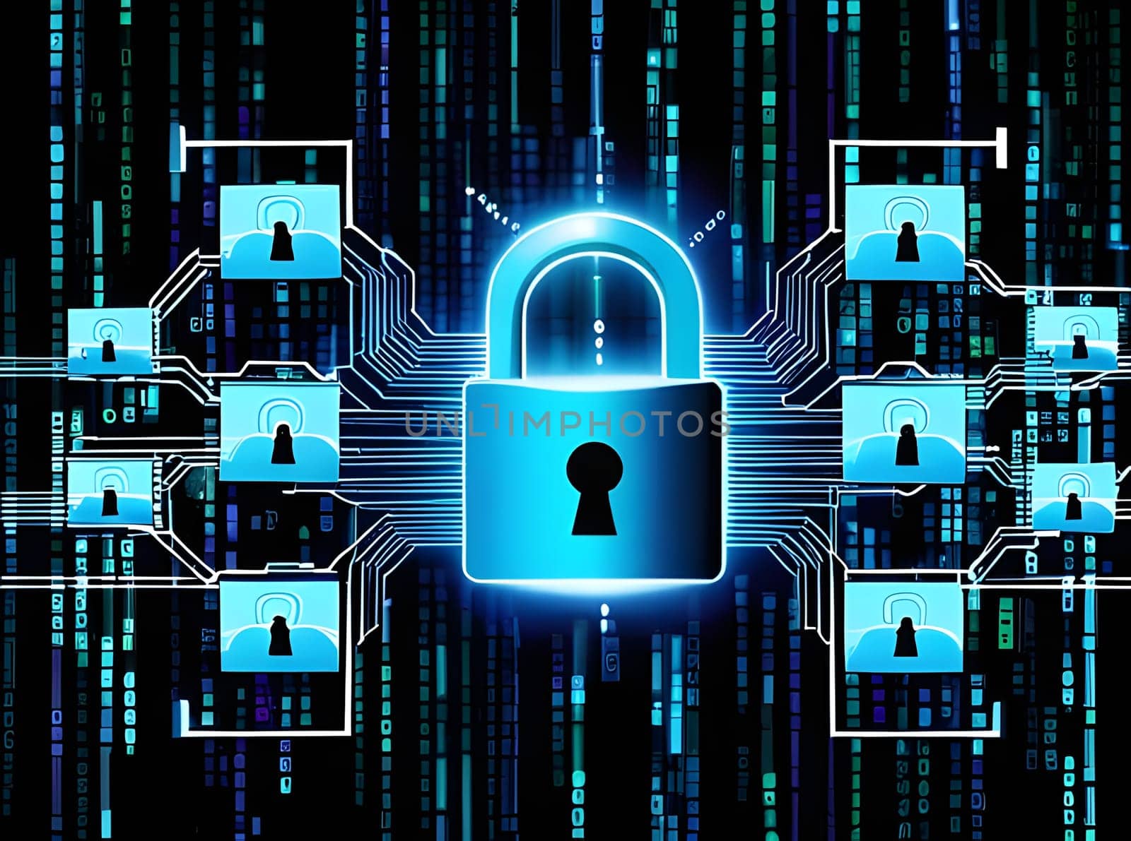 A visual representation of cybersecurity featuring a prominent padlock at the center, surrounded by digital connections and binary code, emphasizing the importance of data security.