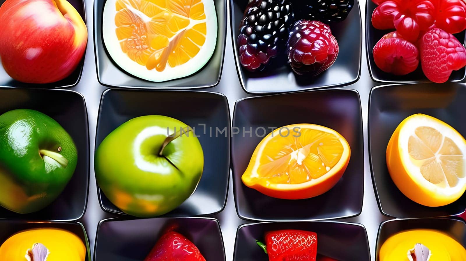 A vibrant display of various fresh fruits is carefully arranged in black square dishes. The selection includes apples, oranges, berries, and citrus fruits, showcasing rich colors and textures.