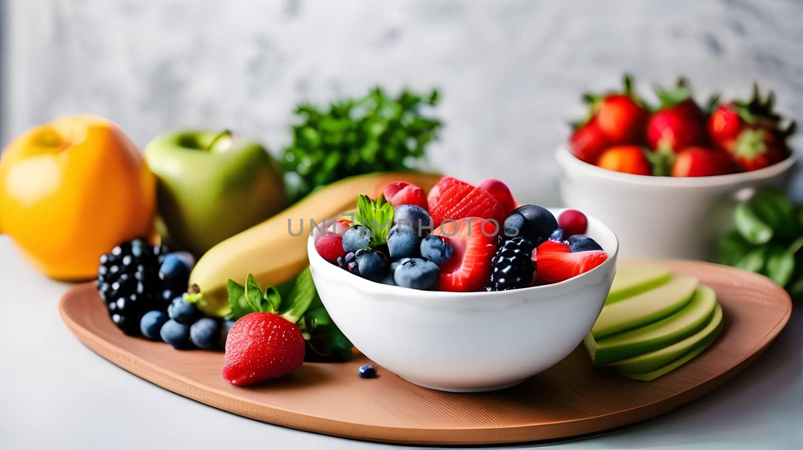 A vibrant assortment of fresh fruits fills a wooden board, featuring a bowl of mixed berries alongside apples, bananas, strawberries, and greens, creating a healthy and inviting arrangement.