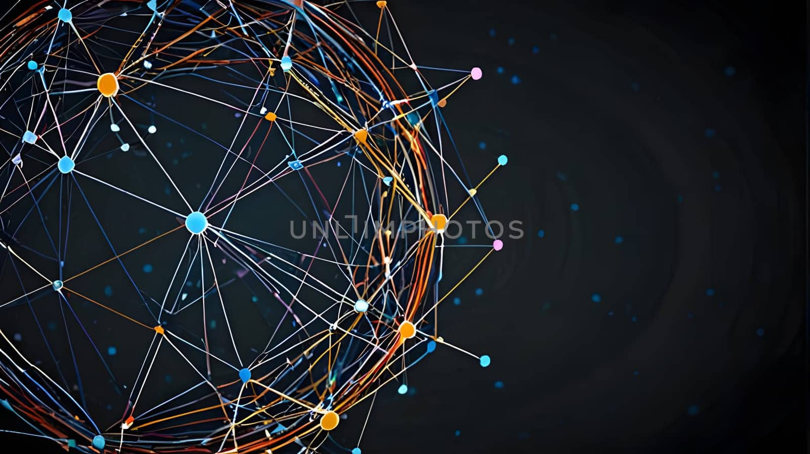 A vibrant depiction of interconnected nodes and lines creates a sense of depth. This digital graphic conveys themes of connectivity and technology across a dark background.