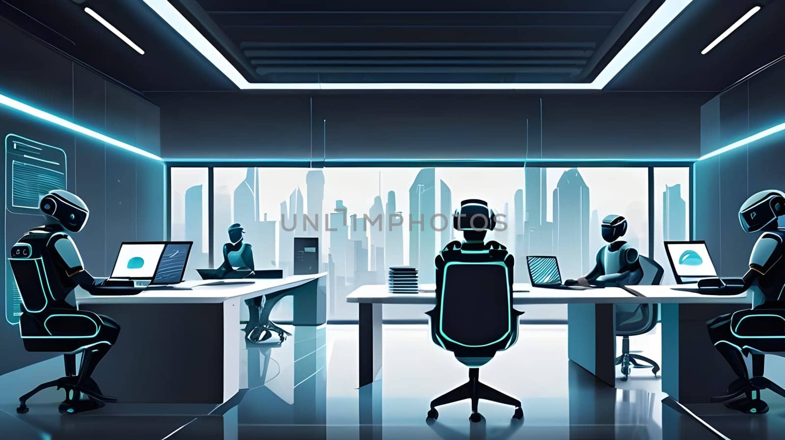 In a sleek, modern office setting, robotic figures engage in various tasks at workstations. The large windows showcase a vibrant city skyline, emphasizing the advanced technology.