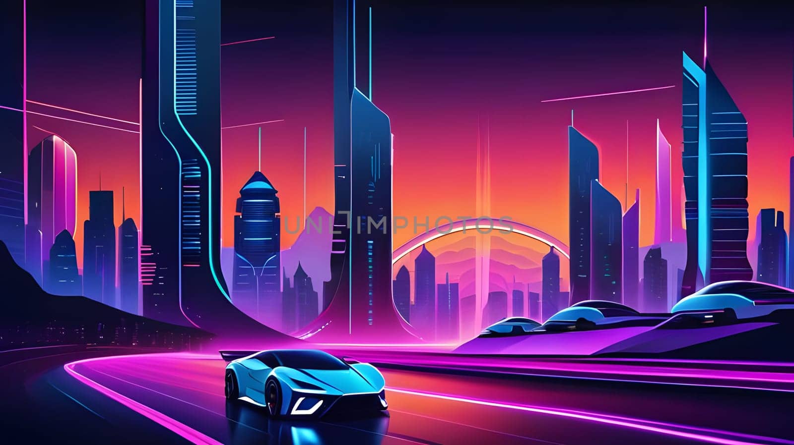 A sleek sports car speeds along a vibrant road, surrounded by towering skyscrapers illuminated in neon colors. The sunset casts a stunning backdrop over this futuristic urban landscape.