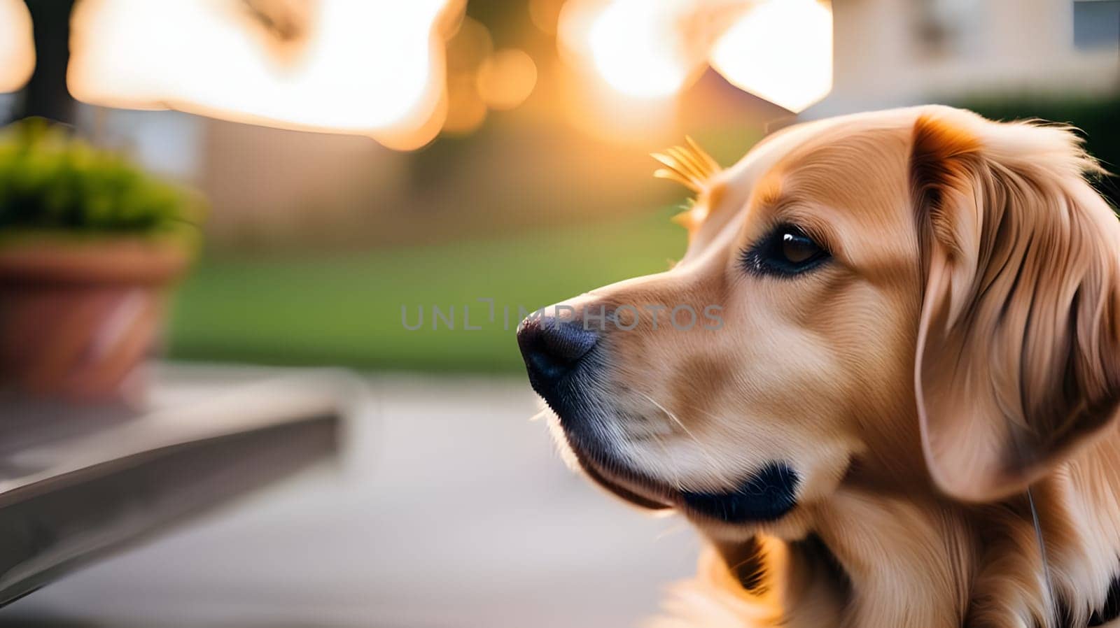 A golden retriever relaxes on a patio as the evening sun casts a warm glow. The dog gazes calmly into the distance, surrounded by lush greenery and a tranquil atmosphere.