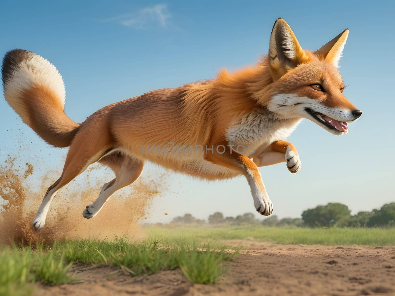 A red fox energetically jumps through a grassy landscape, kicking up dirt and showcasing its agility under a vibrant sky as the sun sets in the background.