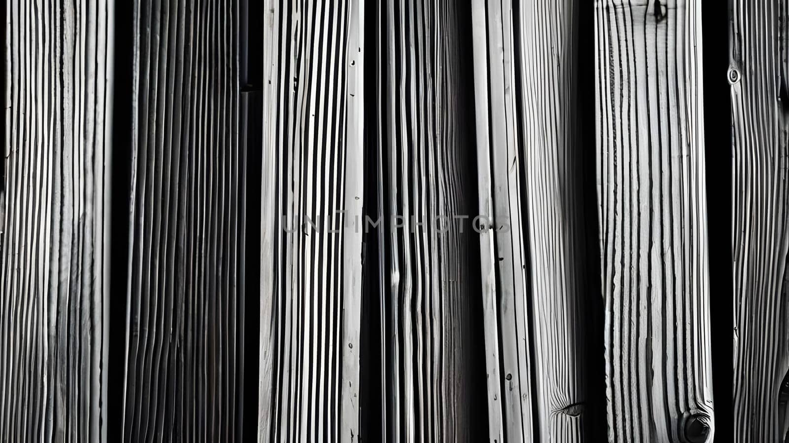 The detailed arrangement of wooden planks showcases their unique textures and grain patterns, creating a visually appealing effect in black and white tones with natural shadows.