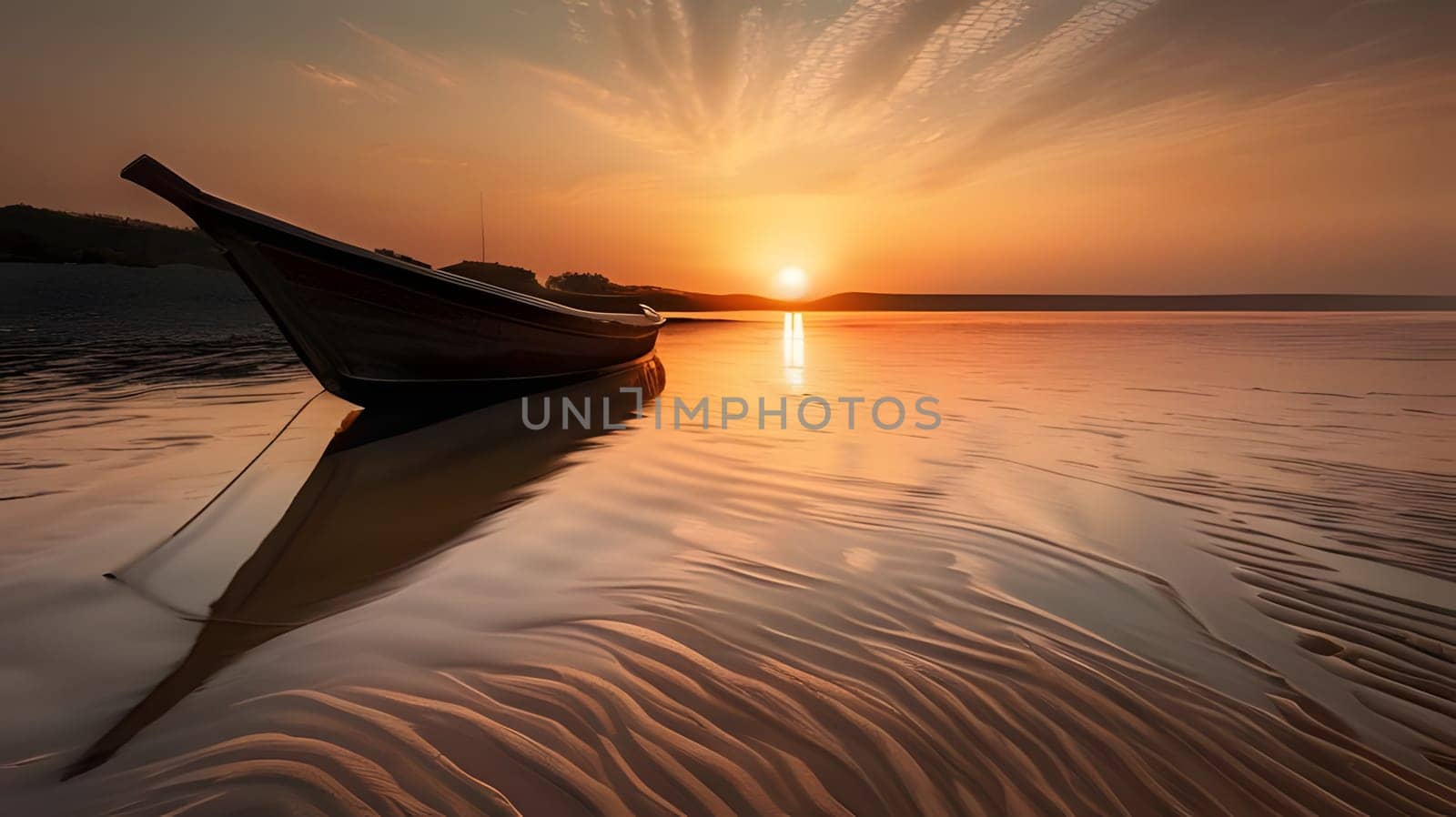 A wooden boat rests peacefully on the sandy shore as the sun sets, casting a warm golden glow over the calm waters and creating reflections on the wet sand.