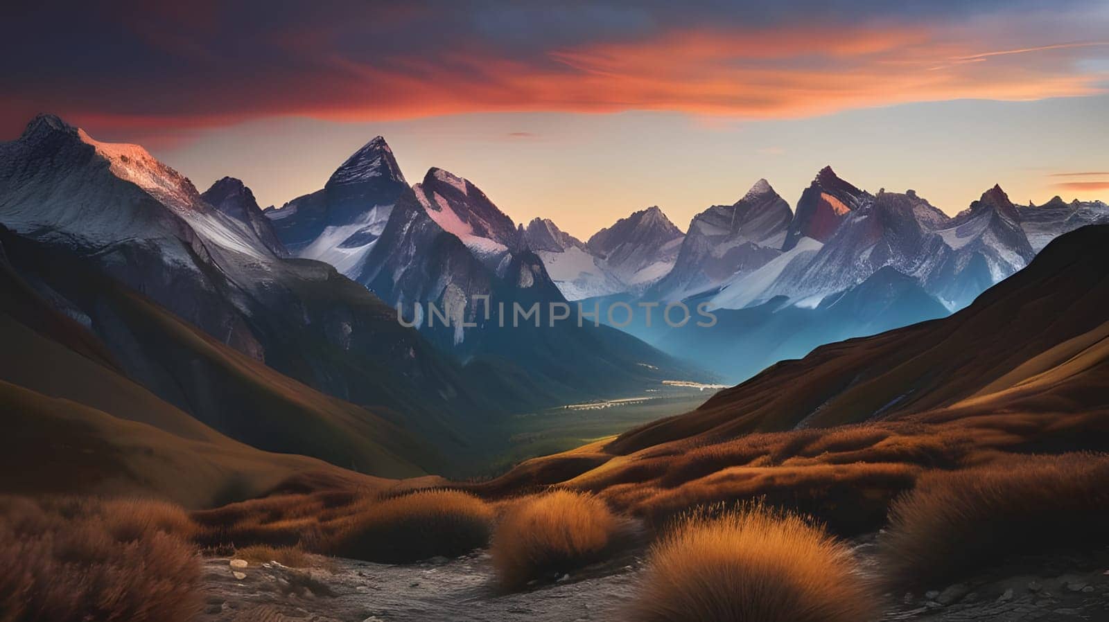 The sun sets behind a stunning mountain range, casting vibrant hues across the sky. The valley below features a mix of rocky terrain and golden grasses, showcasing nature's beauty and tranquility.