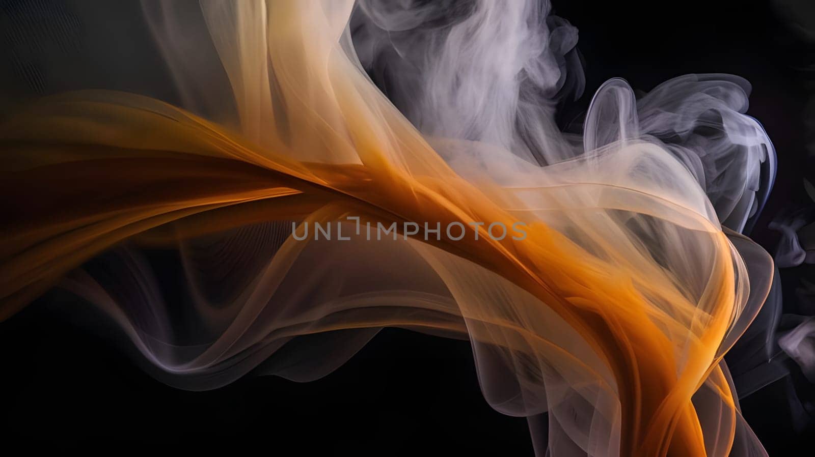 Swirling tendrils of colorful smoke dance against a dark backdrop, creating an ethereal and captivating visual spectacle, blending orange and white hues in a mesmerizing formation.