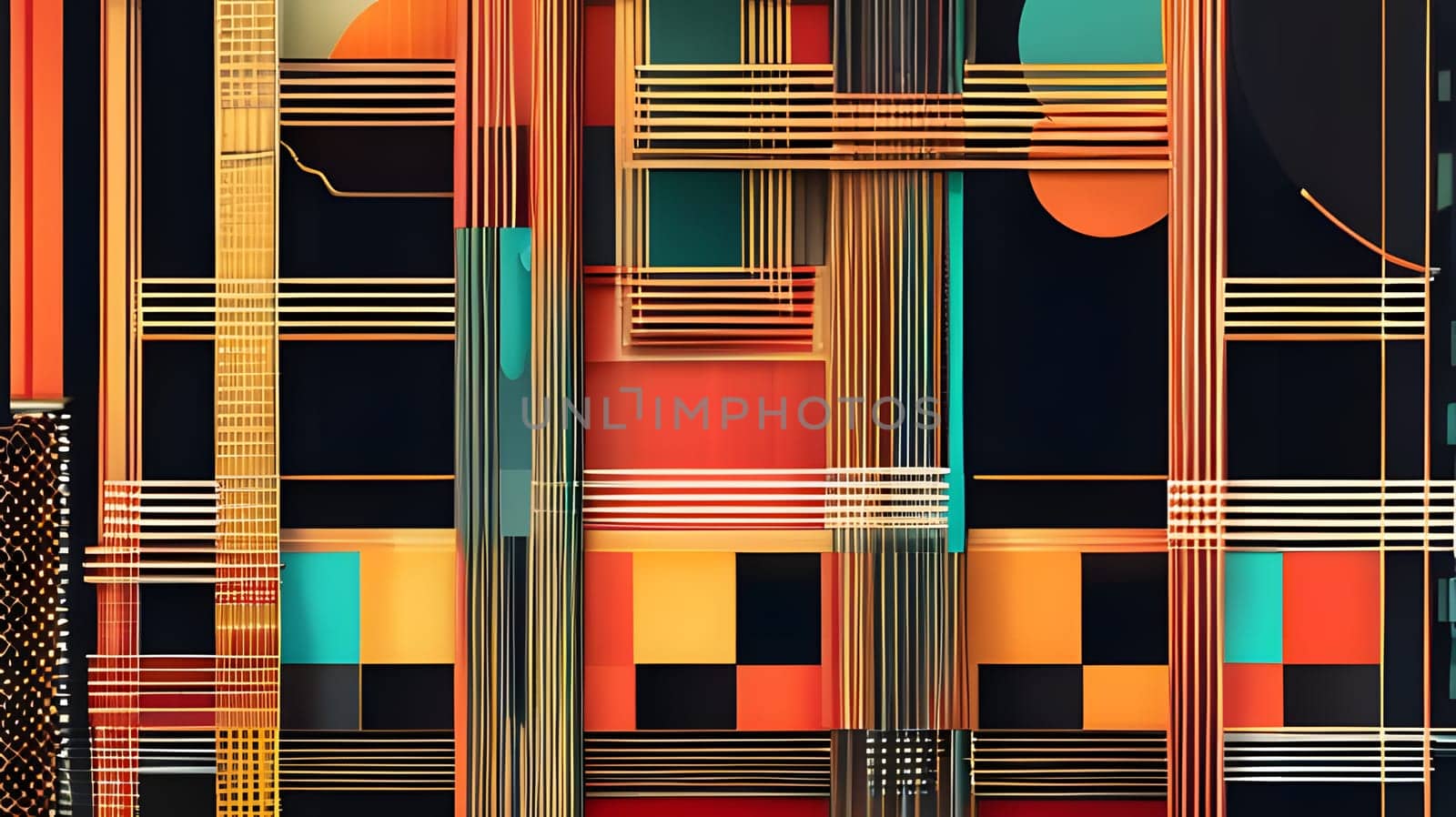 A captivating abstract composition showcases intersecting lines and shapes in striking colors. The artwork combines bold hues and geometric patterns, creating a dynamic visual experience.