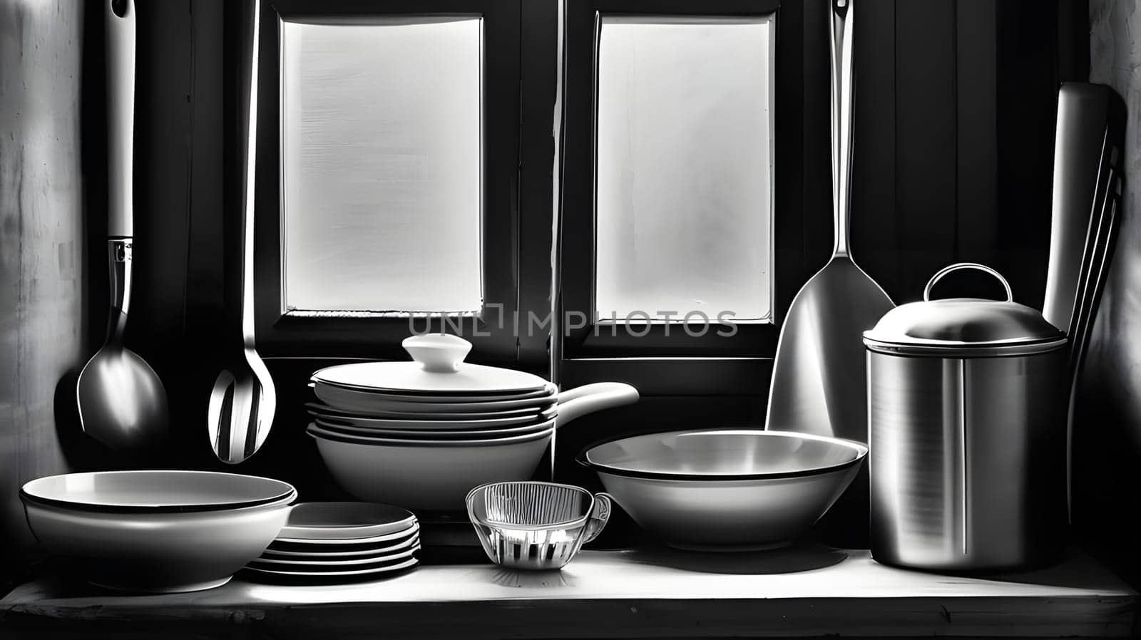 Kitchen utensils and dishes are neatly arranged on a wooden shelf beside a window. Various types of plates, pots, and bowls showcase a minimalist design, creating an inviting culinary atmosphere.