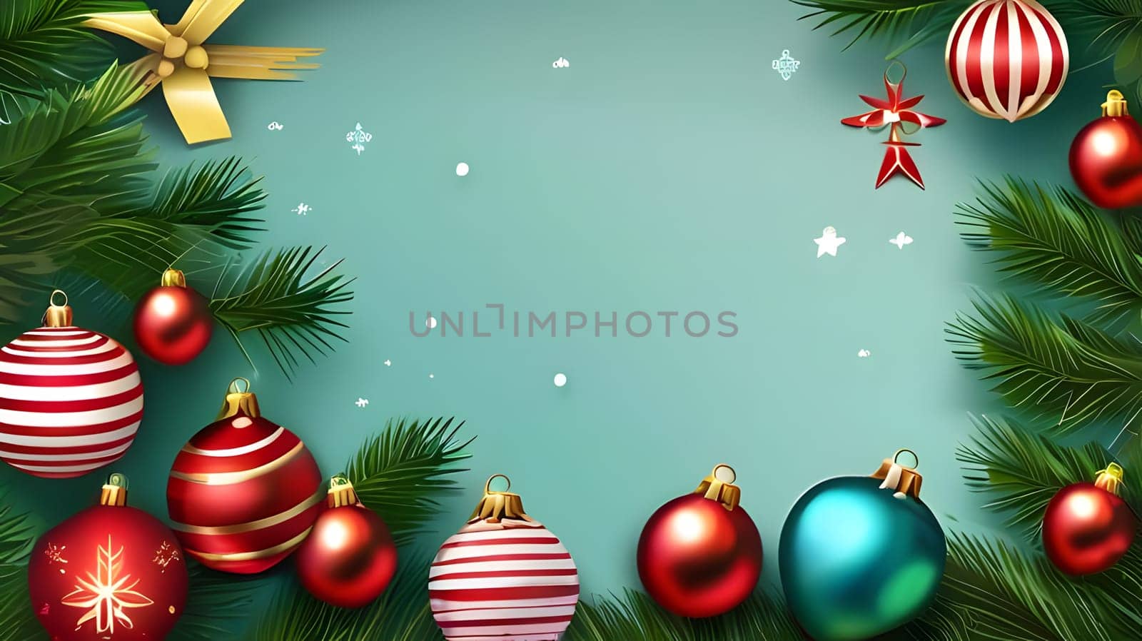 Sparkling ornaments in red, gold, and green are arranged among fresh pine branches, creating a warm and festive holiday setting, perfect for celebrating the Christmas season.