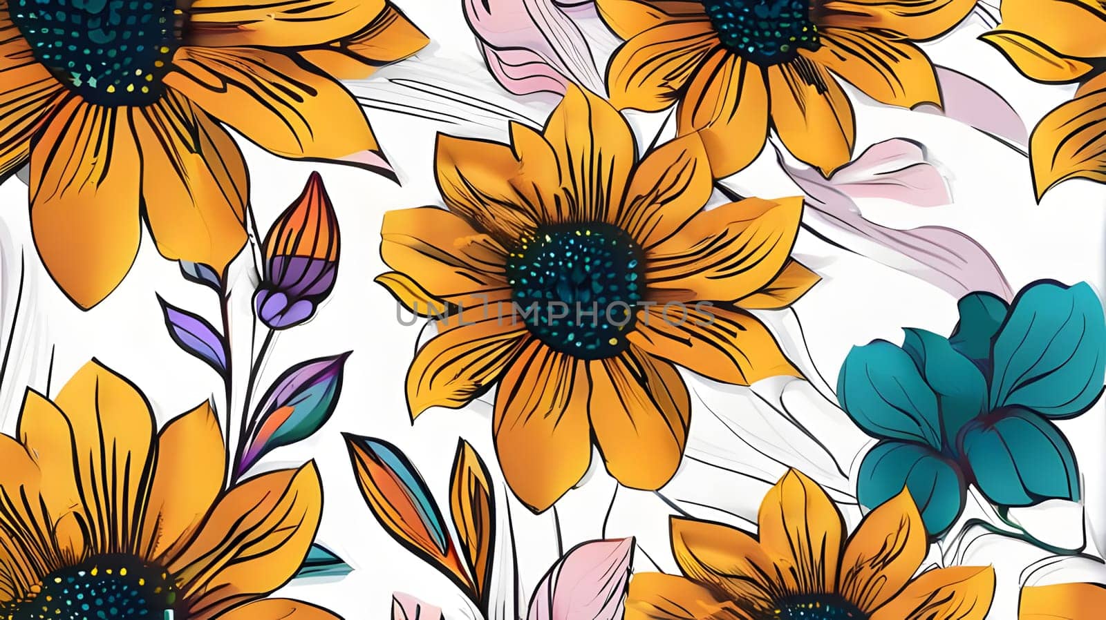 A lively arrangement of bright sunflowers and diverse plants creates a cheerful pattern on a white backdrop, showcasing nature's beauty in a decorative style.