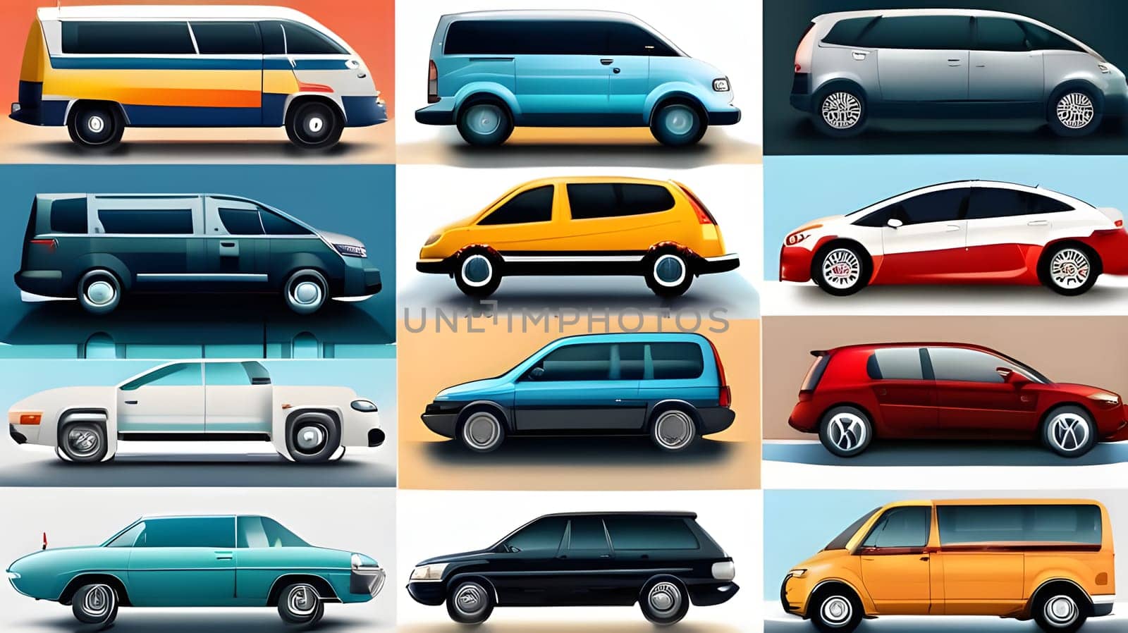 A vibrant array of car models showcased in a grid, featuring distinct designs and colors. Each vehicle is meticulously illustrated, highlighting their unique silhouettes and details.