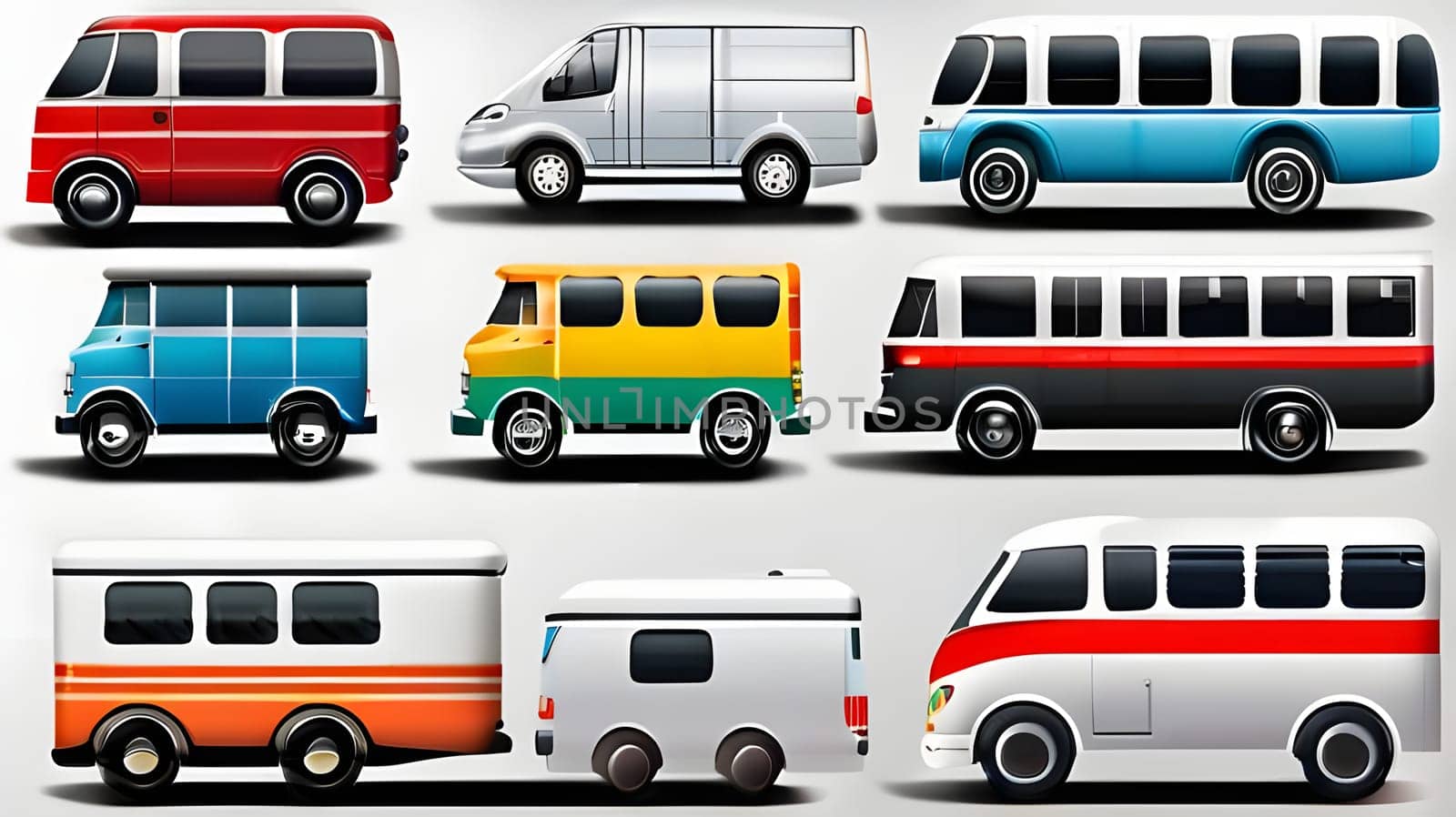 A collection of variously colored buses and vans showcases diverse vehicle designs. Each vehicle features distinct color patterns and styles, highlighting urban transportation options.