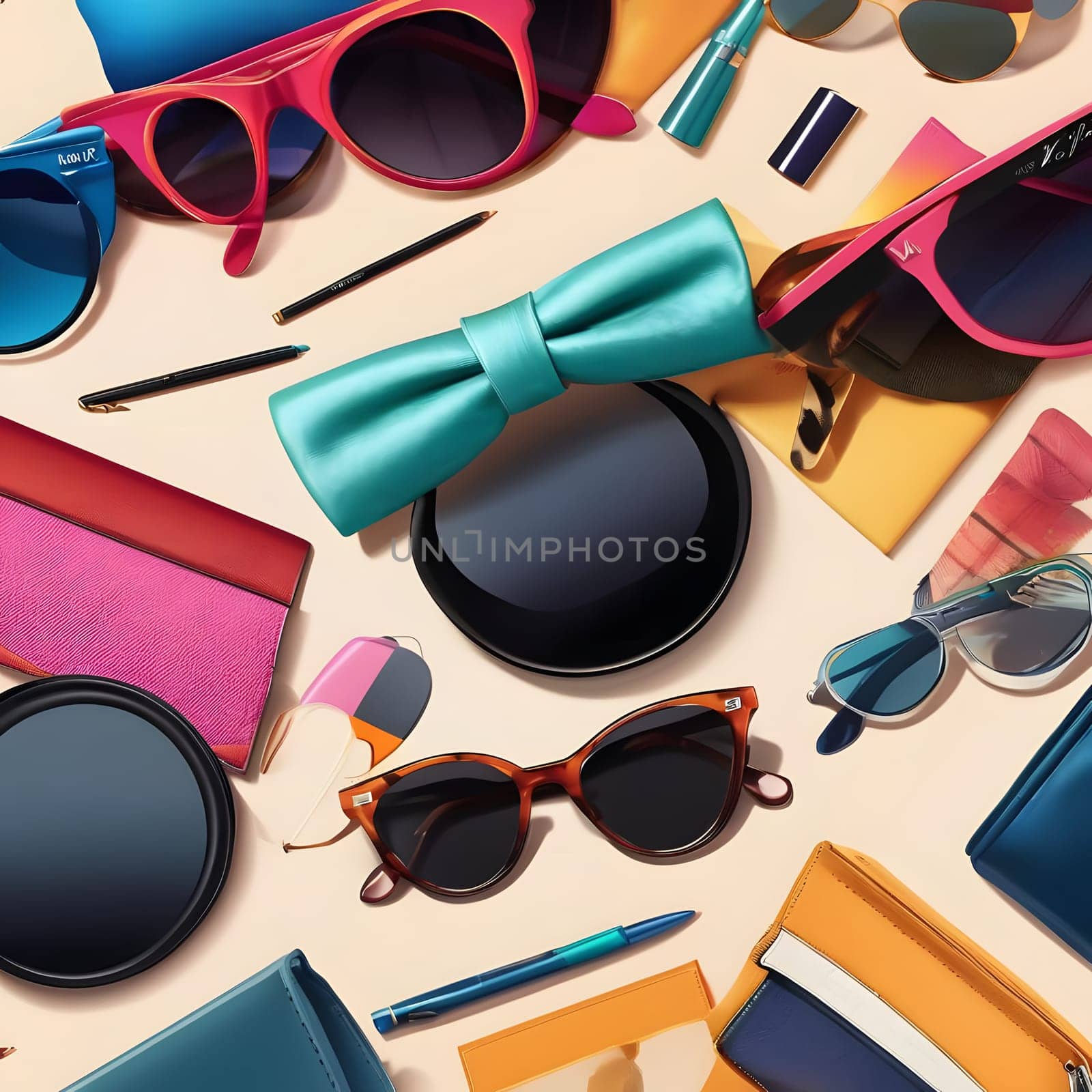 A vibrant arrangement features various sunglasses, colorful accessories, and stylish items spread out on a neutral background, showcasing a playful and trendy vibe.