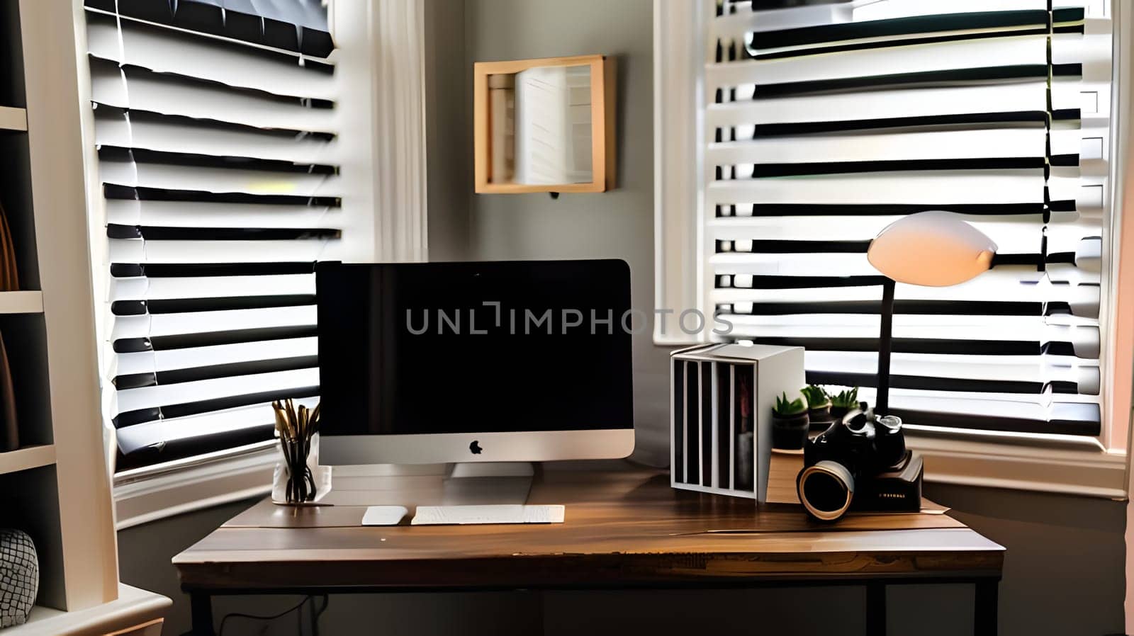 A stylish workspace features a sleek computer, desk organizer, and creative decor. Sunlight streams through the blinds, creating a warm and inviting atmosphere for productivity.