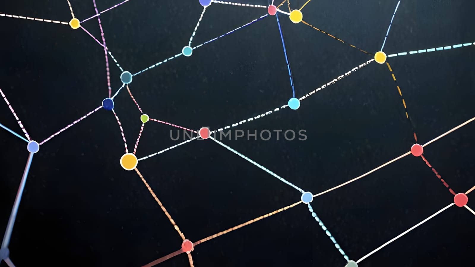 A vibrant network of interconnected dots and lines is depicted against a dark backdrop. The arrangement showcases relationships and connections through colorful nodes and pathways.