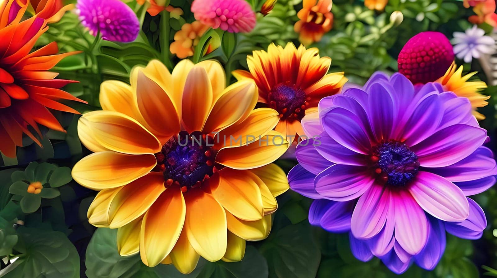 A lush garden bursts with vibrant blooms in shades of orange, yellow, purple, and red, showcasing the beauty of spring flowers in full sunlight, creating a delightful and colorful atmosphere.