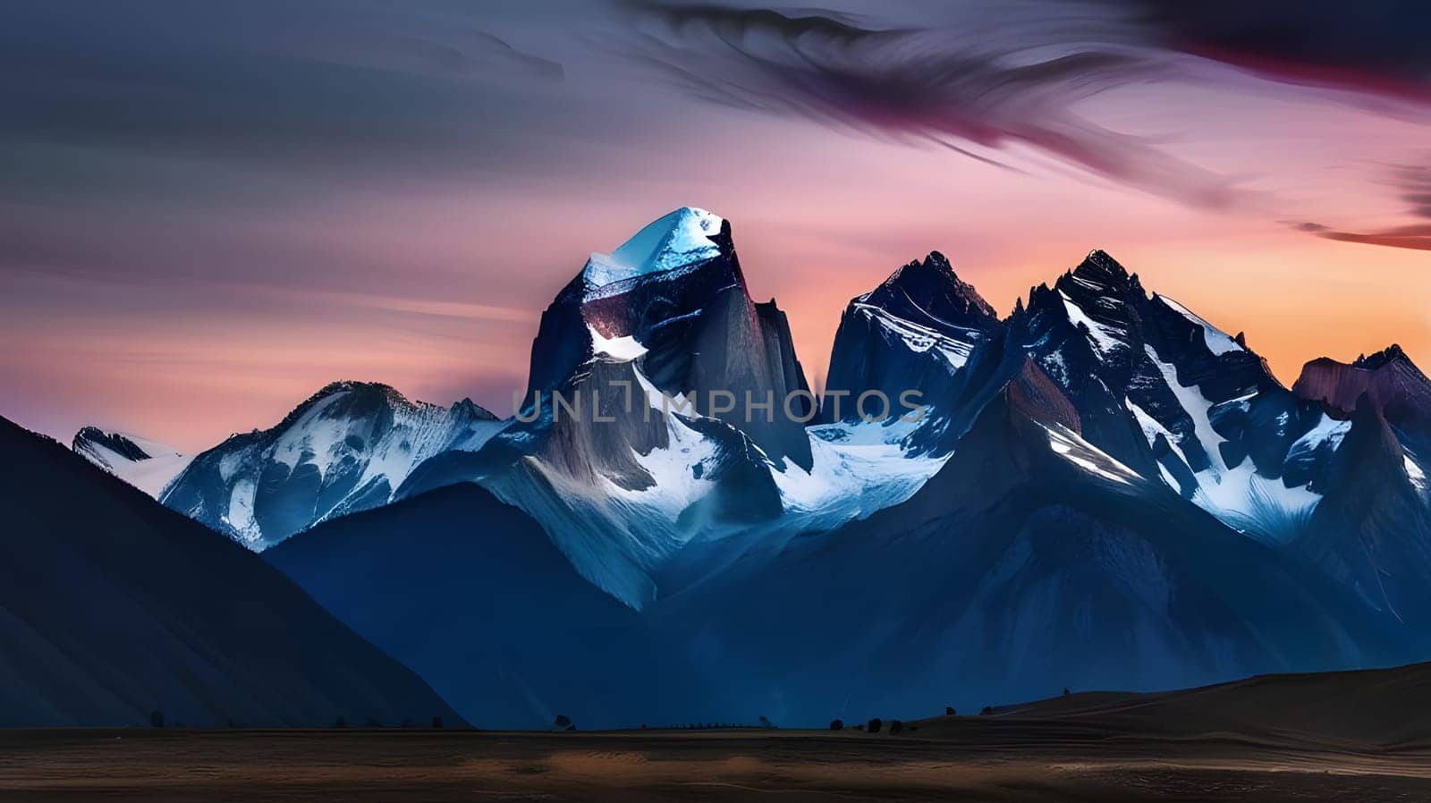 Snow-covered peaks rise dramatically against a stunning sunset sky. The landscape features a mix of rugged mountains and soft, colorful clouds, creating a peaceful wilderness atmosphere.