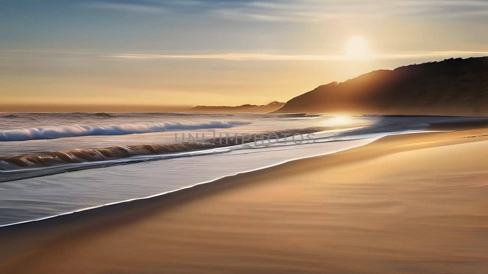 The sun sets over a serene beach, casting golden hues on the water as gentle waves lap at the sandy shore. The tranquil atmosphere evokes a sense of peace and relaxation.