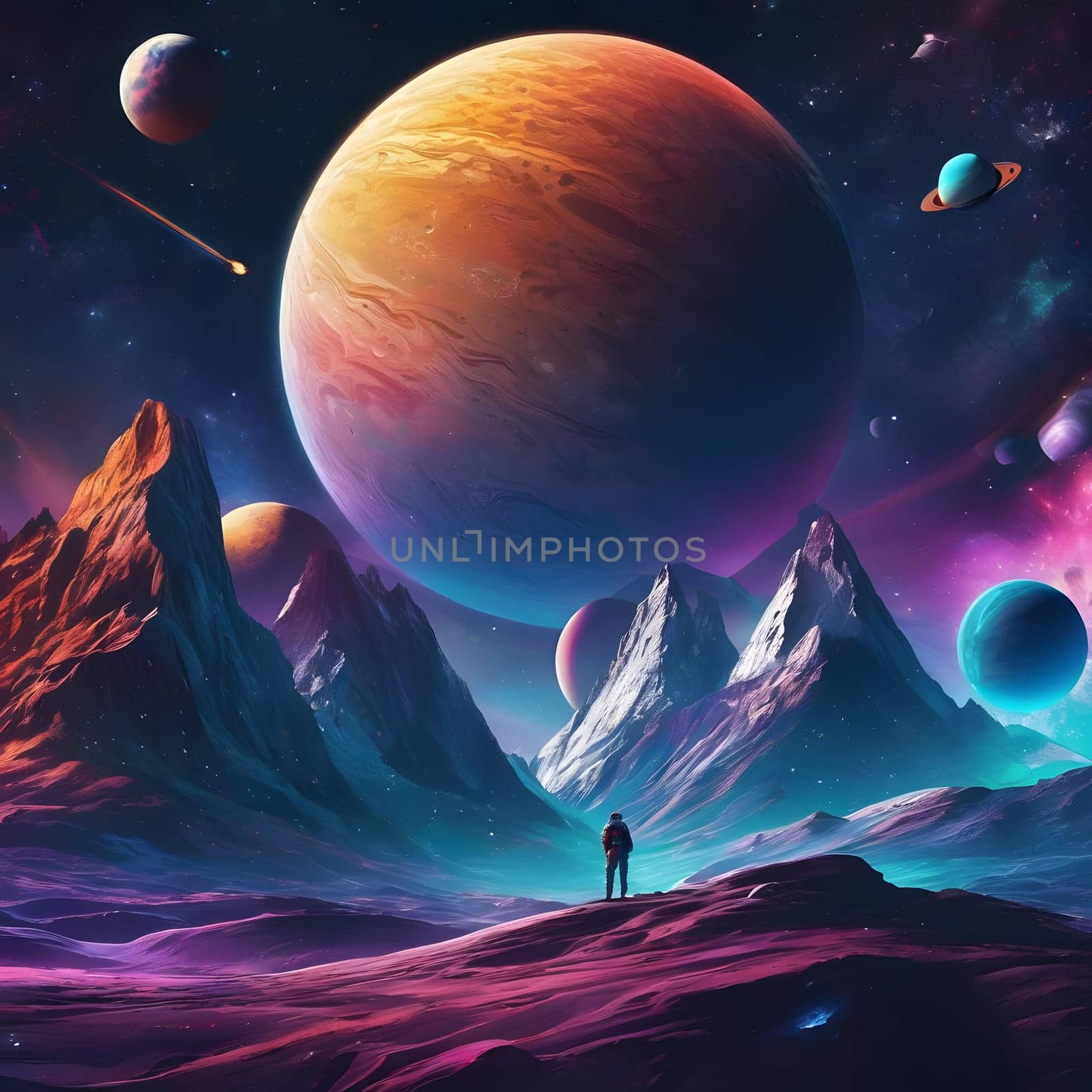 A person stands in awe on a vibrant alien landscape, gazing up at multiple colorful planets, mountains, and stars, evoking a sense of wonder in this cosmic setting.