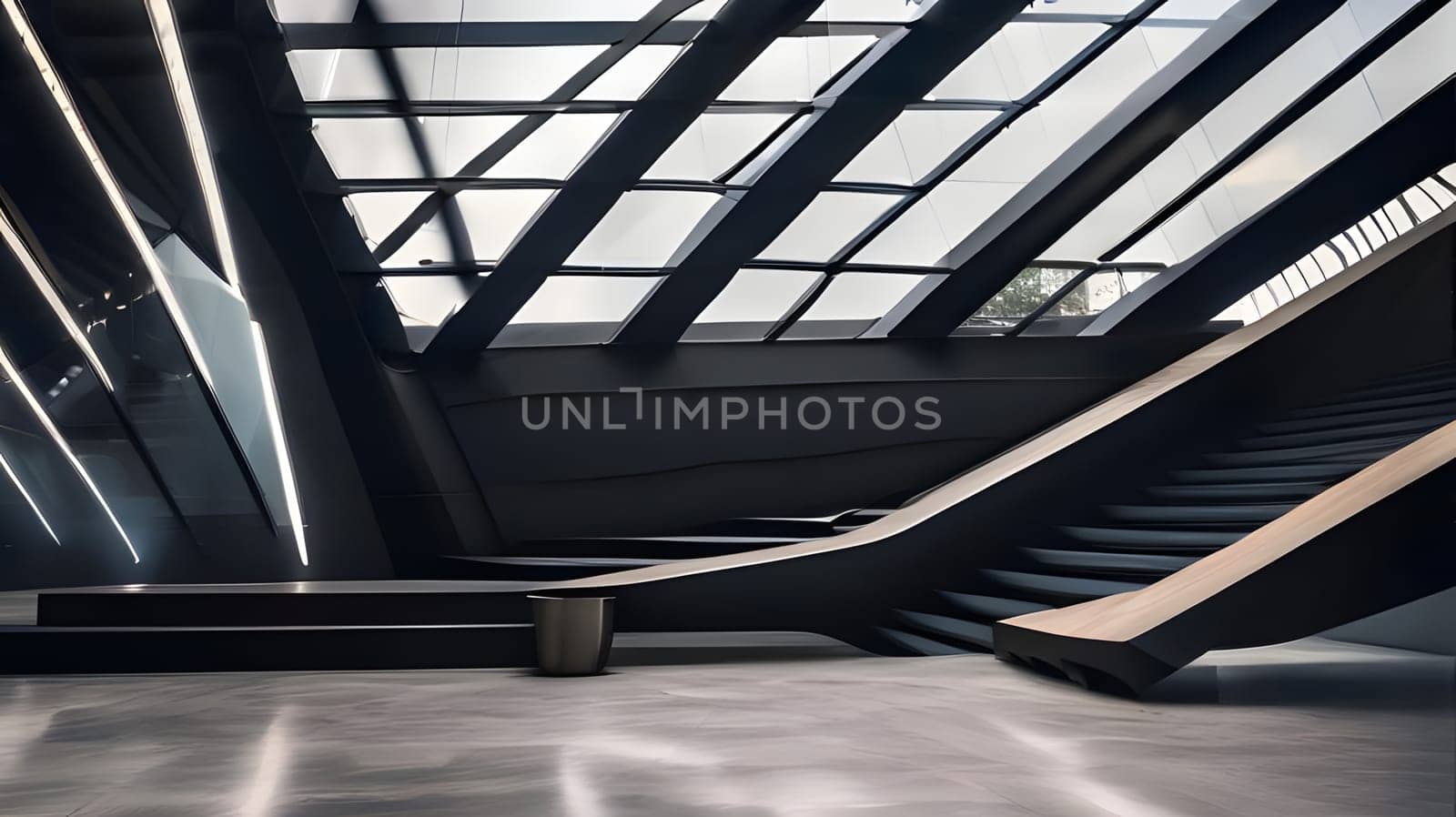 A contemporary space showcases a stylish staircase bordered by smooth lines, paired with a striking glass ceiling that floods the area with natural light.