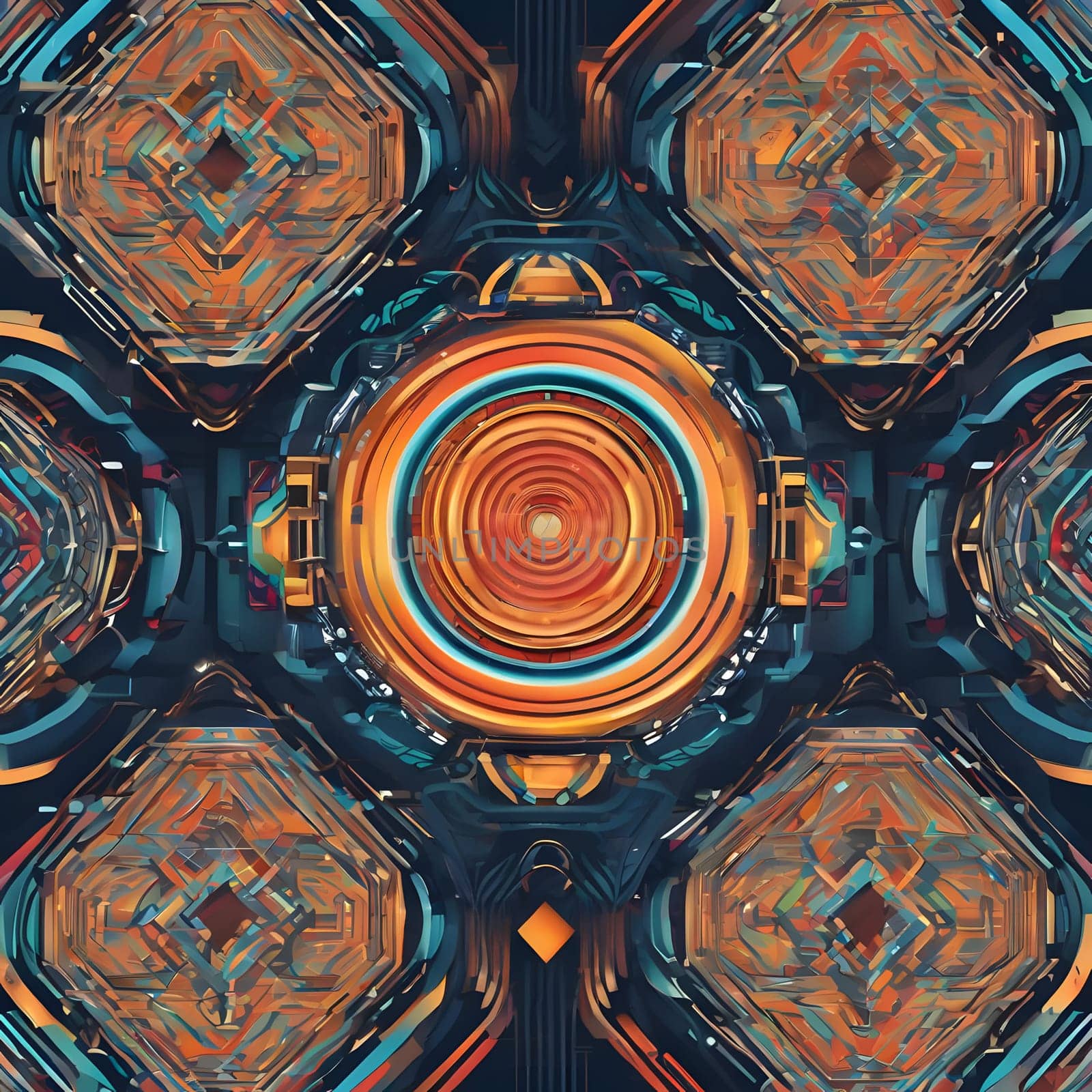 Intricate geometric patterns showcase vibrant circles in a symmetrical arrangement, blending rich hues of orange, blue, and gold. The design exudes a modern, futuristic aesthetic.