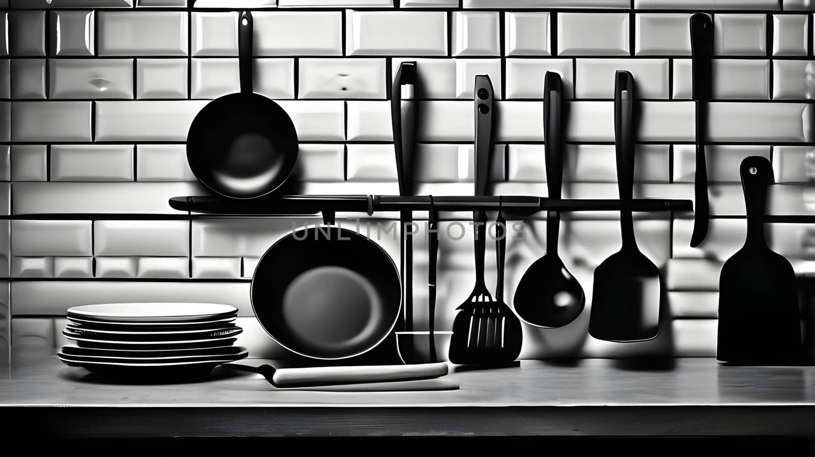 In a stylish kitchen, various cooking utensils hang neatly on the wall. A stack of plates rests on the countertop. The monochrome aesthetic enhances the modern design.