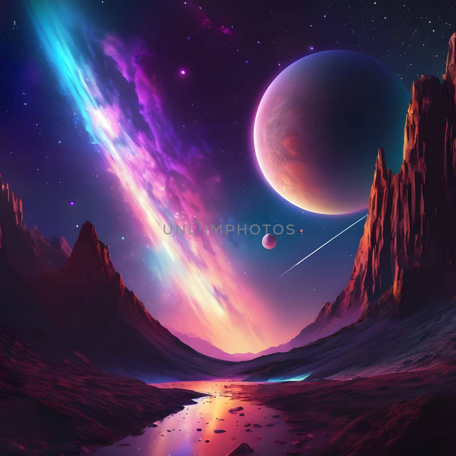 A breathtaking cosmic scene features a colorful galaxy with striking hues illuminating a rocky landscape. Two planets hover above, while a river flows through the valley under a star-filled sky.