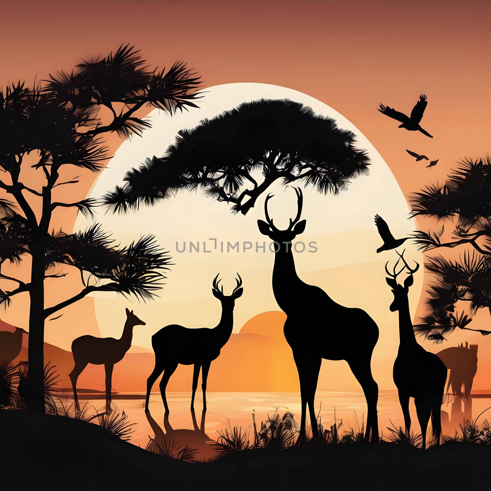 A striking landscape showcases silhouettes of deer and birds set against a brilliant sunset, with trees and water reflecting warm hues. It captures a tranquil moment in nature.