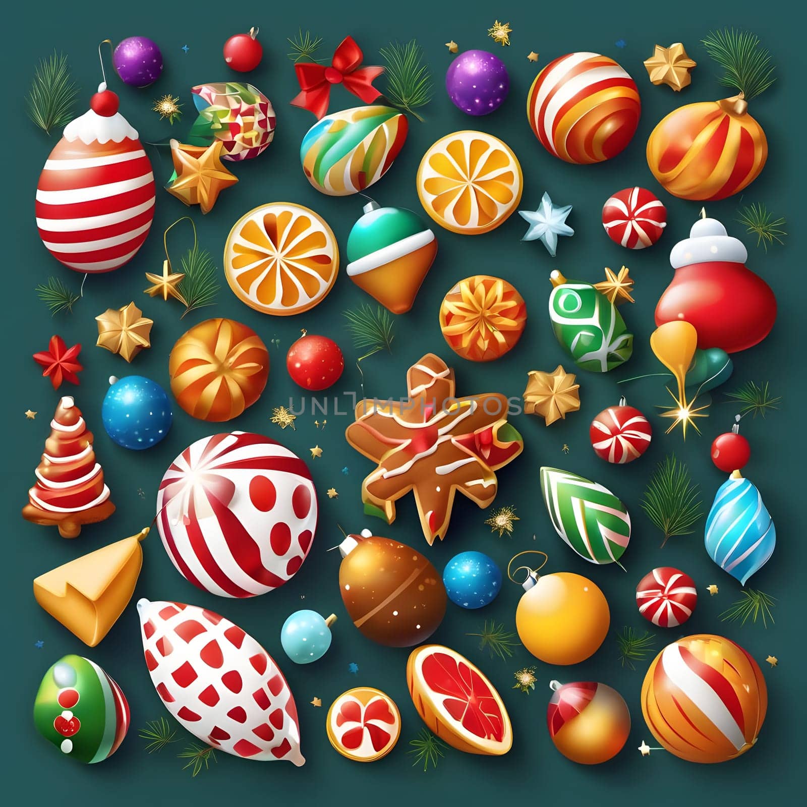 A vibrant collection of Christmas ornaments including baubles, candy canes, and gingerbread cookies arranged against a festive green background, creating a joyful holiday atmosphere.