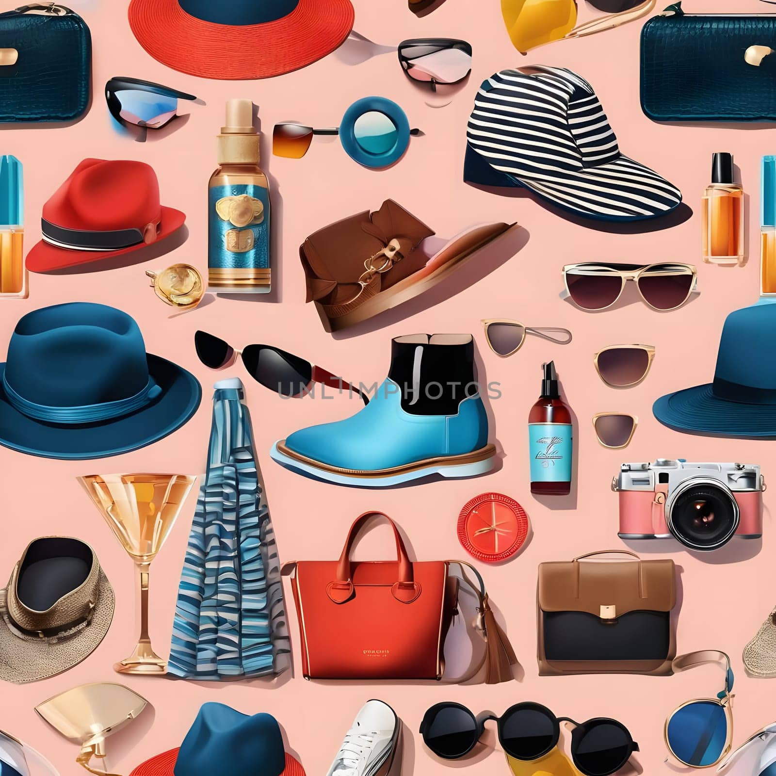 A variety of summer accessories including hats, sunglasses, bags, and shoes are artistically arranged on a pink background, showcasing trendy styles perfect for the season.