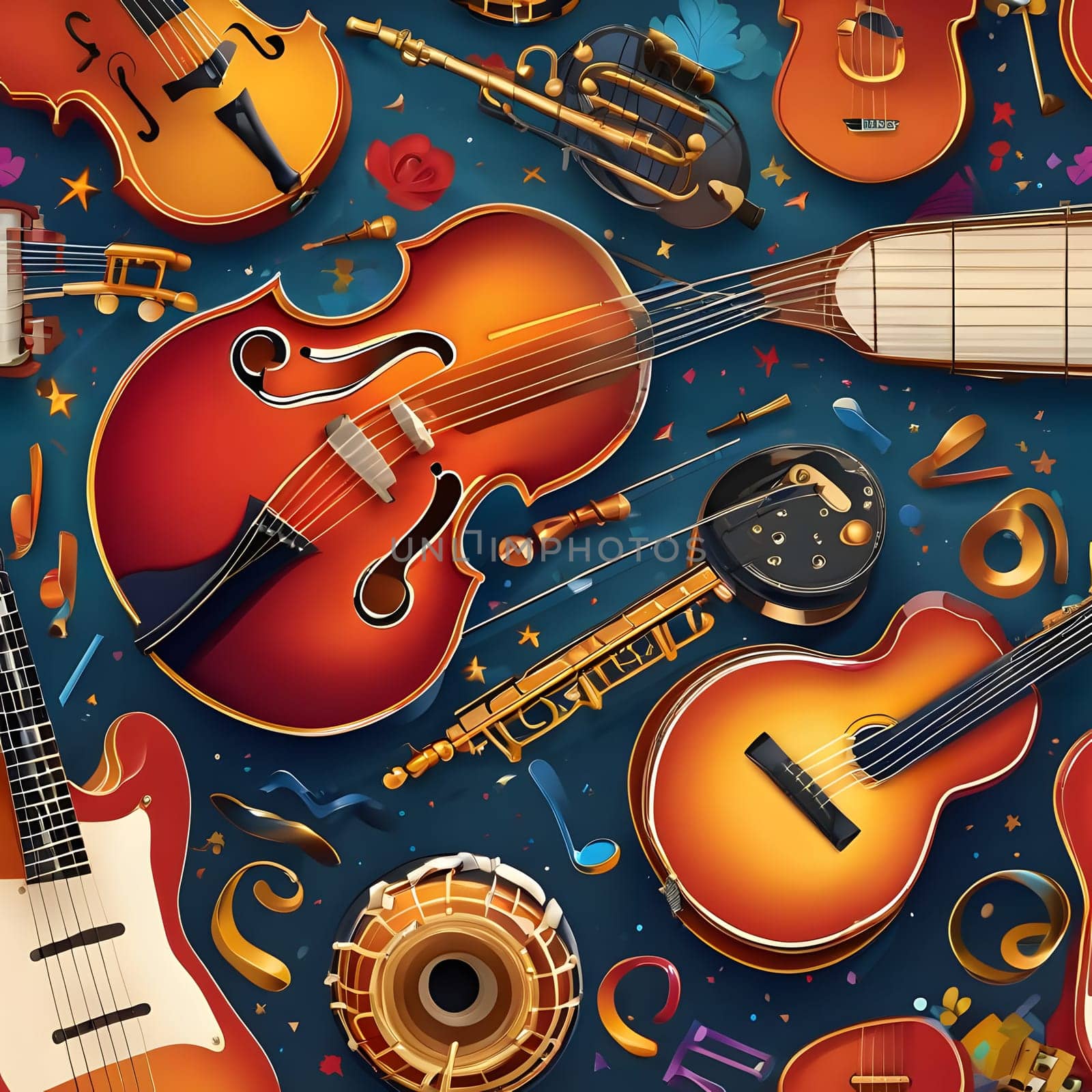 Various musical instruments, including guitars, violins, trumpets, and drums, are artistically displayed on a vibrant blue backdrop, celebrating the joy of music through visual art.