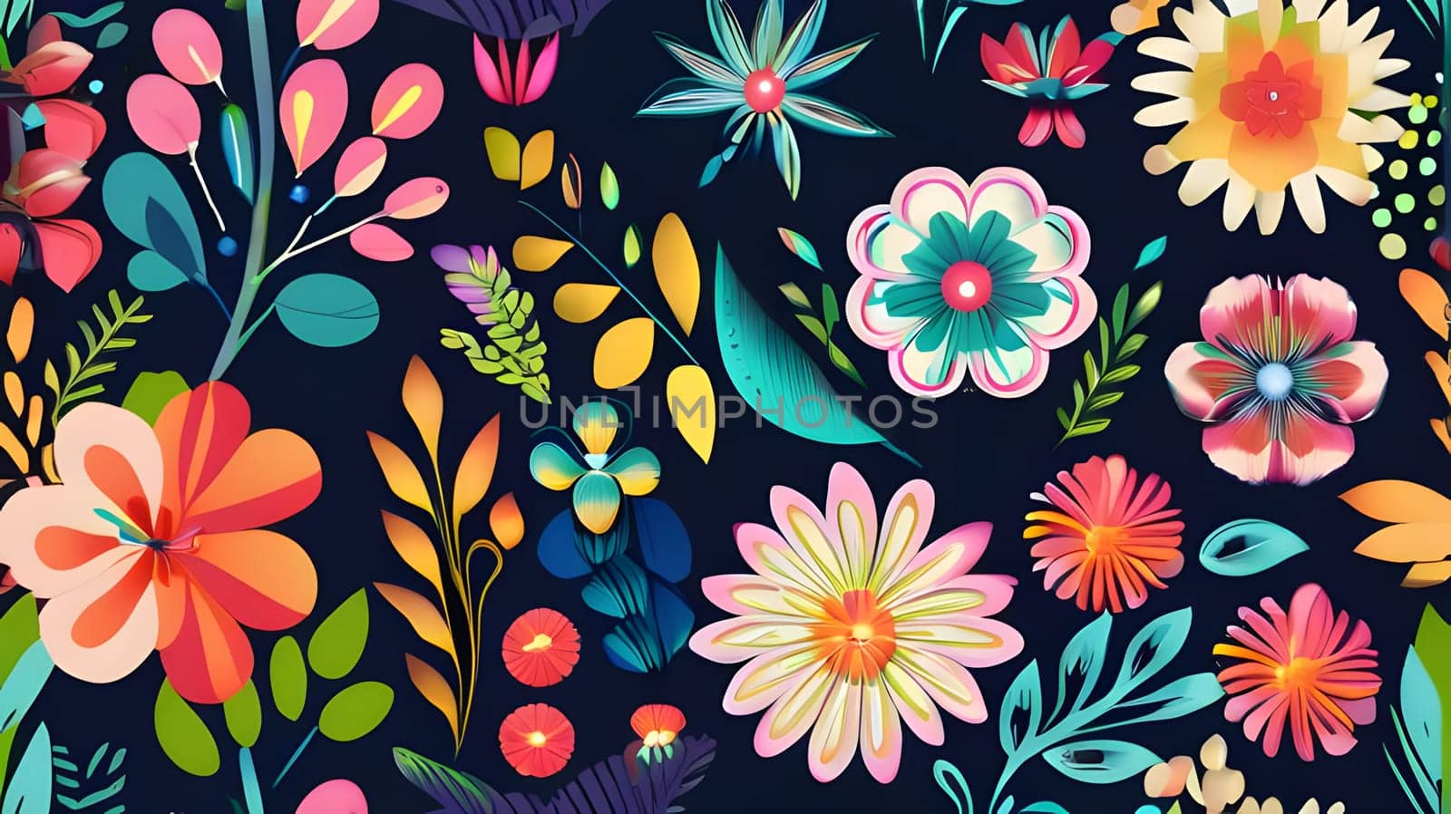 This vibrant composition features a variety of colorful flowers and leaves arranged beautifully against a dark background, showcasing a playful design perfect for spring themes.