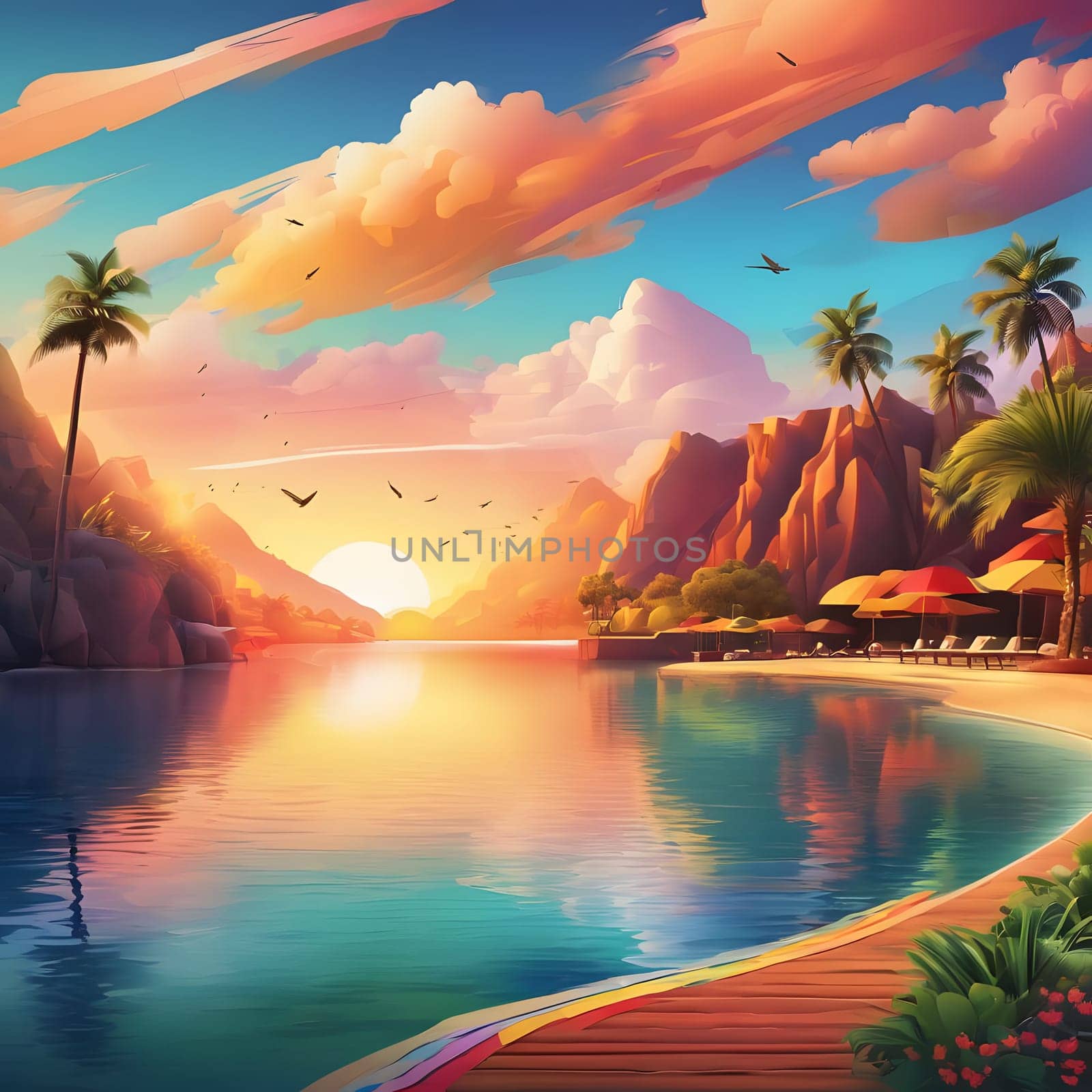 A stunning sunset illuminates a tranquil lagoon surrounded by lush palm trees and rocky mountains. The colorful sky reflects on the water while birds soar above, creating a peaceful atmosphere.