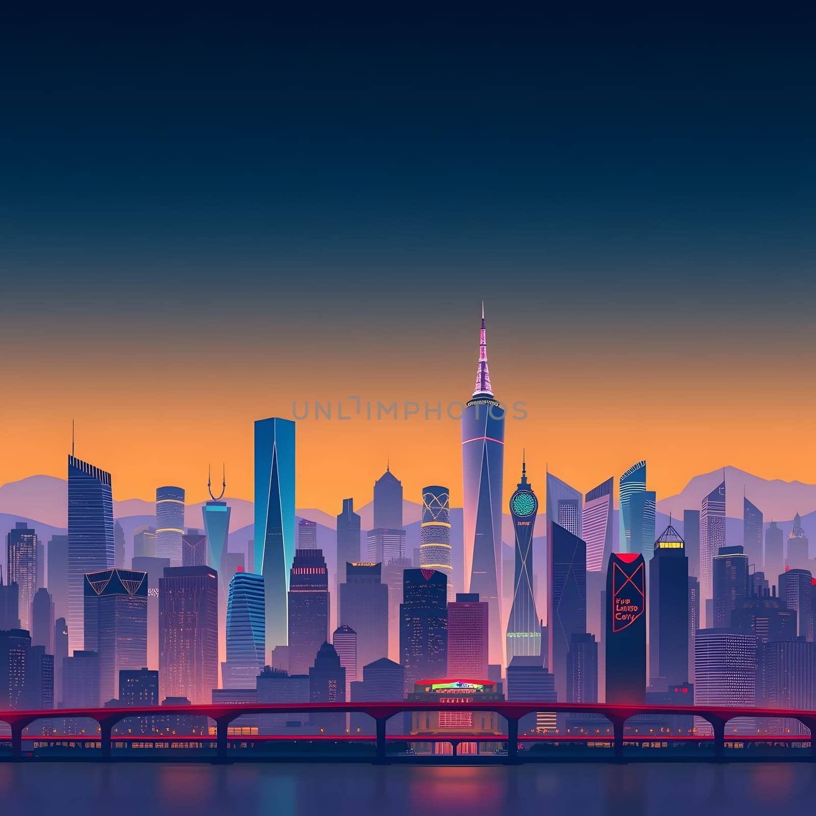 The skyline showcases a blend of skyscrapers illuminated in vibrant hues at dusk, with a bridge crossing the river, creating a stunning urban panorama in the background.