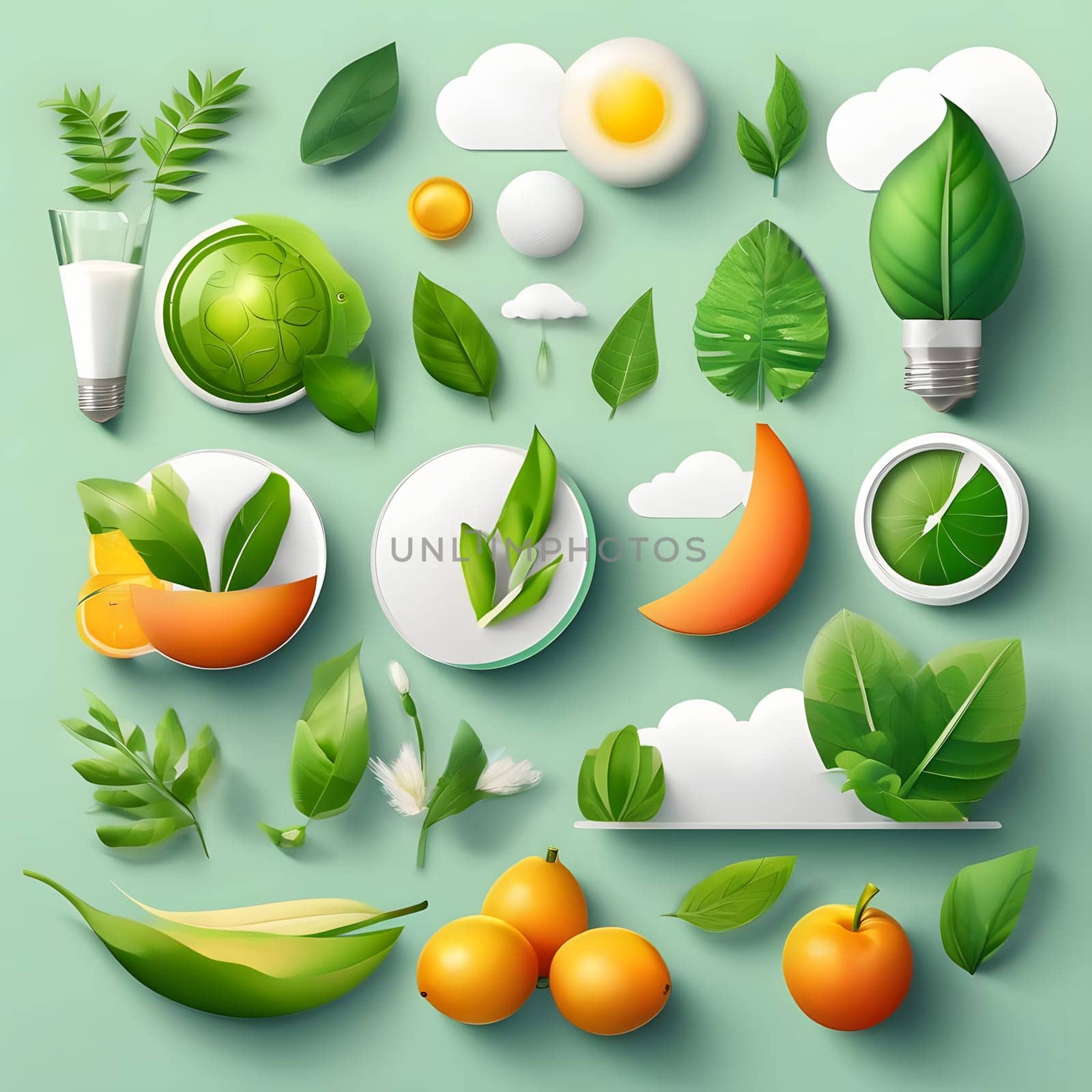 A vibrant composition showcases various green leaves, fruits, and natural elements, enhancing the idea of freshness and vitality against a soothing backdrop.
