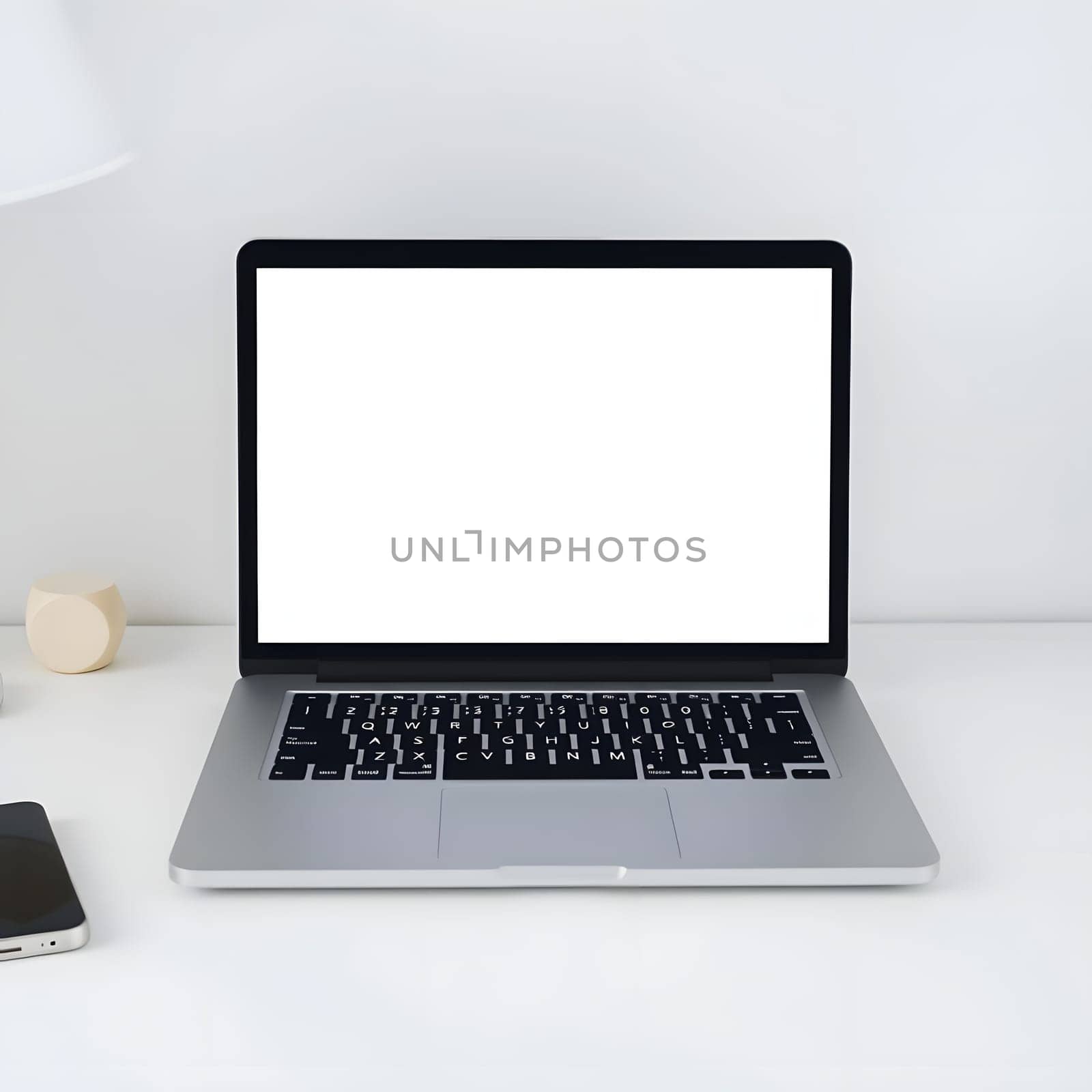 A minimalist workspace features a blank laptop on a tidy desk, accompanied by a smartphone and a lamp, creating an inviting environment perfect for productivity.
