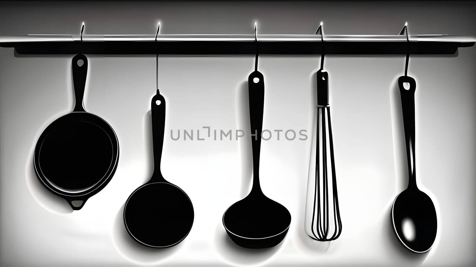 A collection of kitchen utensils, including a whisk and ladle, are neatly hung on a wall rack. The utensils are showcased in a sleek black and white design, emphasizing simplicity and modernity.