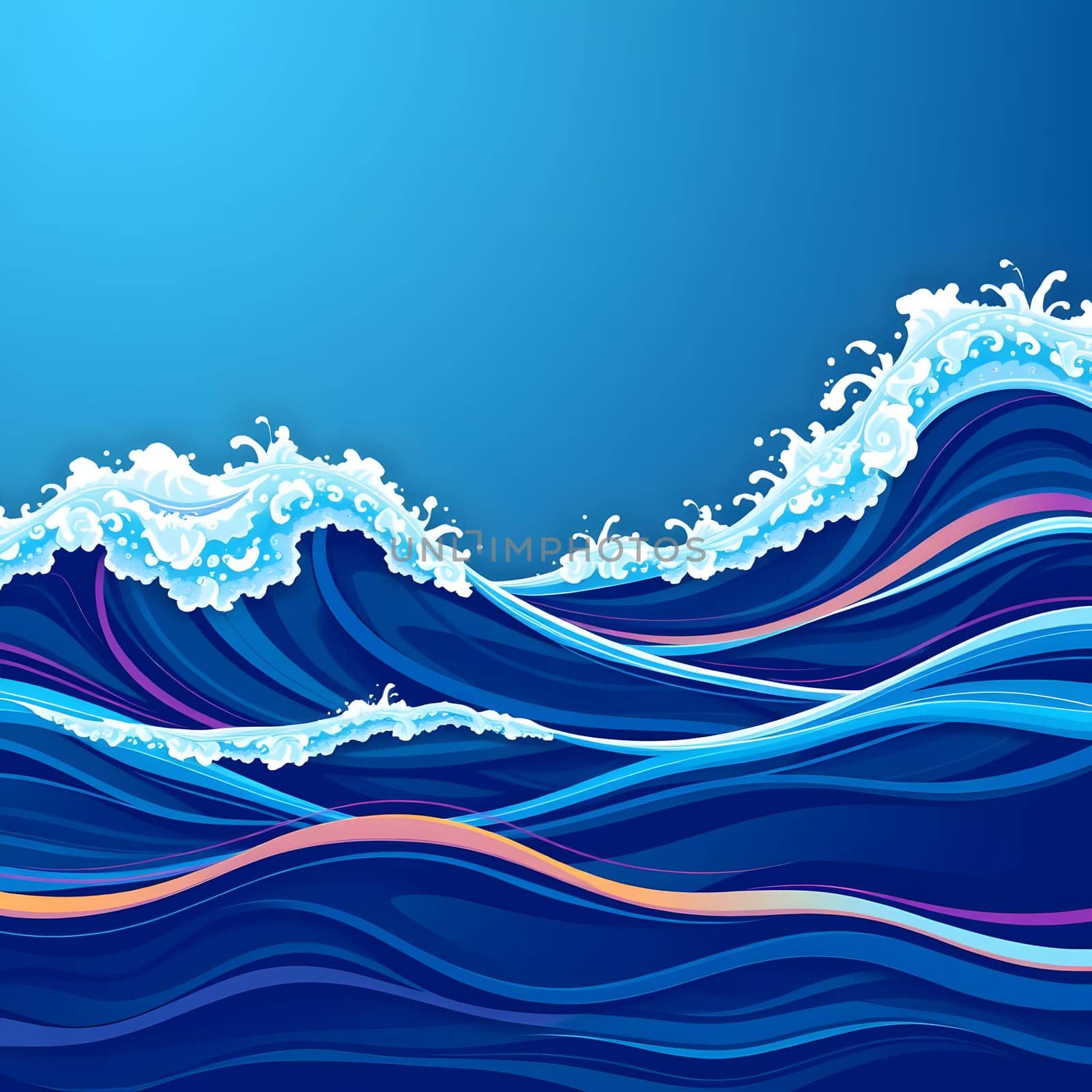 Vibrant waves crash against each other in the deep blue ocean, showcasing various shades of blue and colorful streaks beneath the surface, illuminated by sunlight.