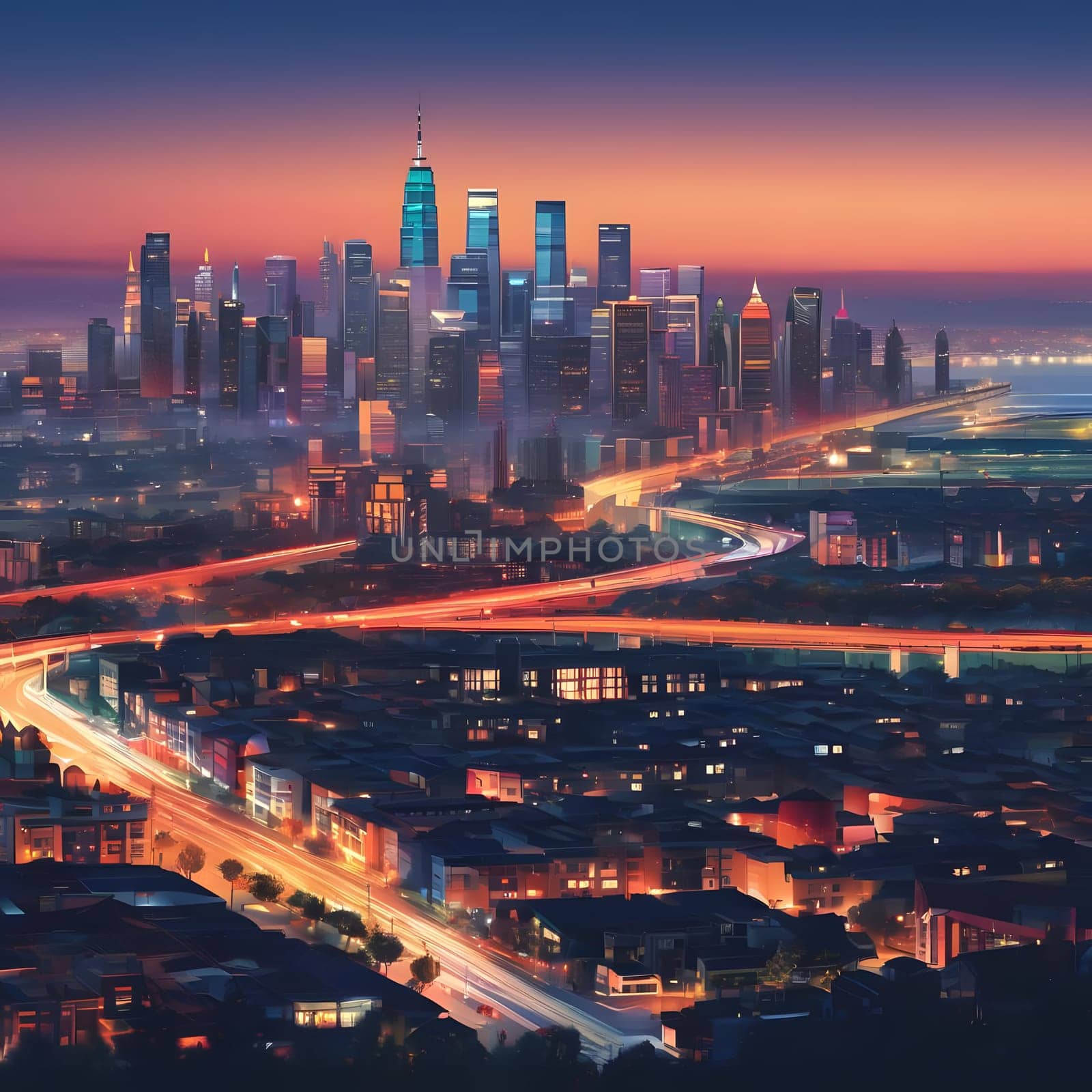 A breathtaking urban skyline emerges at dusk, showcasing tall buildings aglow in colorful lights. A winding river reflects the vibrant hues as streets below pump with life.