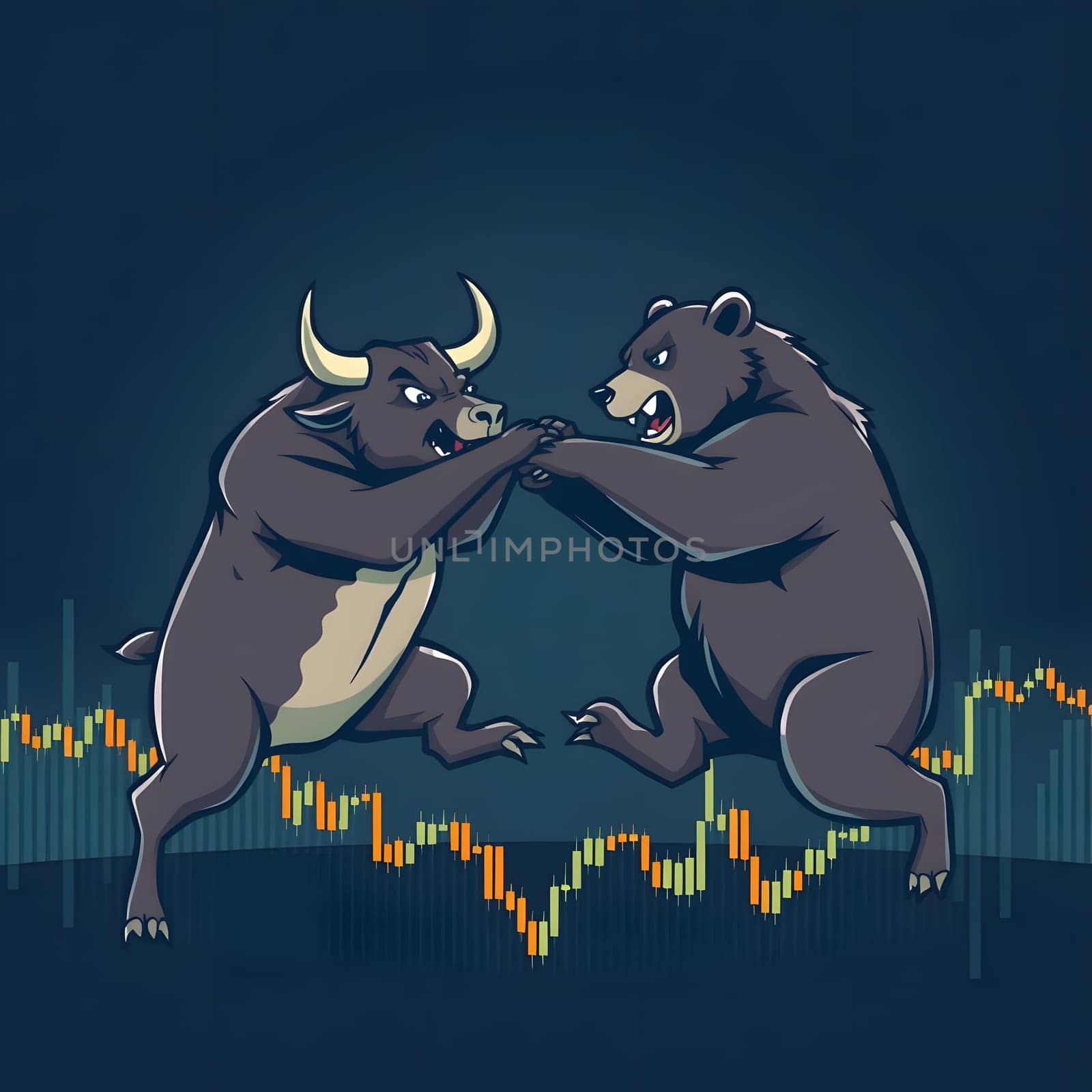 A bull and a bear are depicted grappling in a stylized representation of the financial market, with vibrant candlestick charts in the background highlighting market fluctuations.