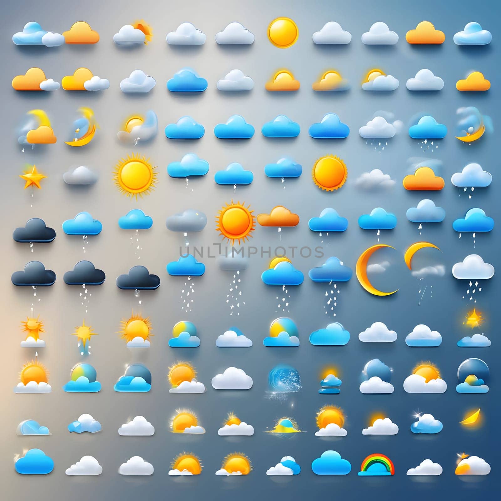 A collection of weather icons representing different atmospheric conditions, including sunny, cloudy, rainy, and stormy weather. Each icon varies in design and color, creating a vibrant display.