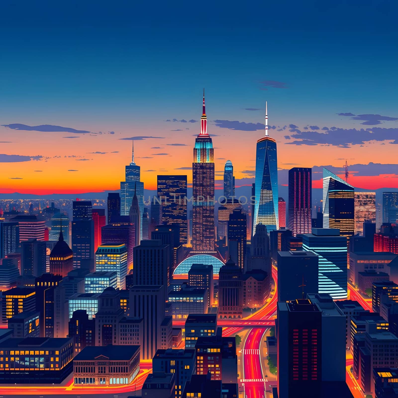 A vibrant sunset casts brilliant colors over the New York City skyline, highlighting iconic skyscrapers as city life pulses below. Streets are filled with lights and activity.