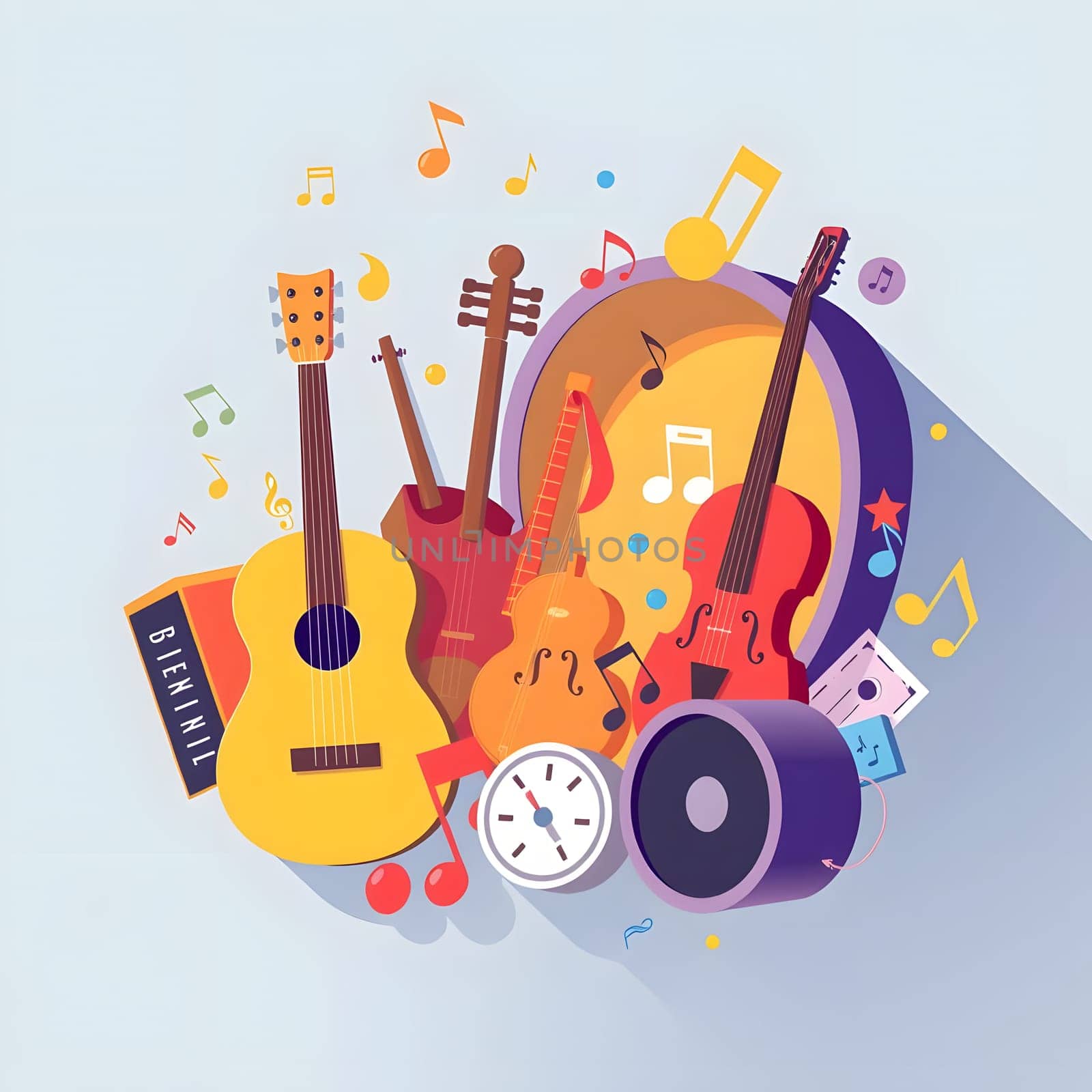 A colorful arrangement of different musical instruments including guitars, a violin, and a drum, surrounded by floating musical notes and symbols. It captures a vibrant, musical essence.