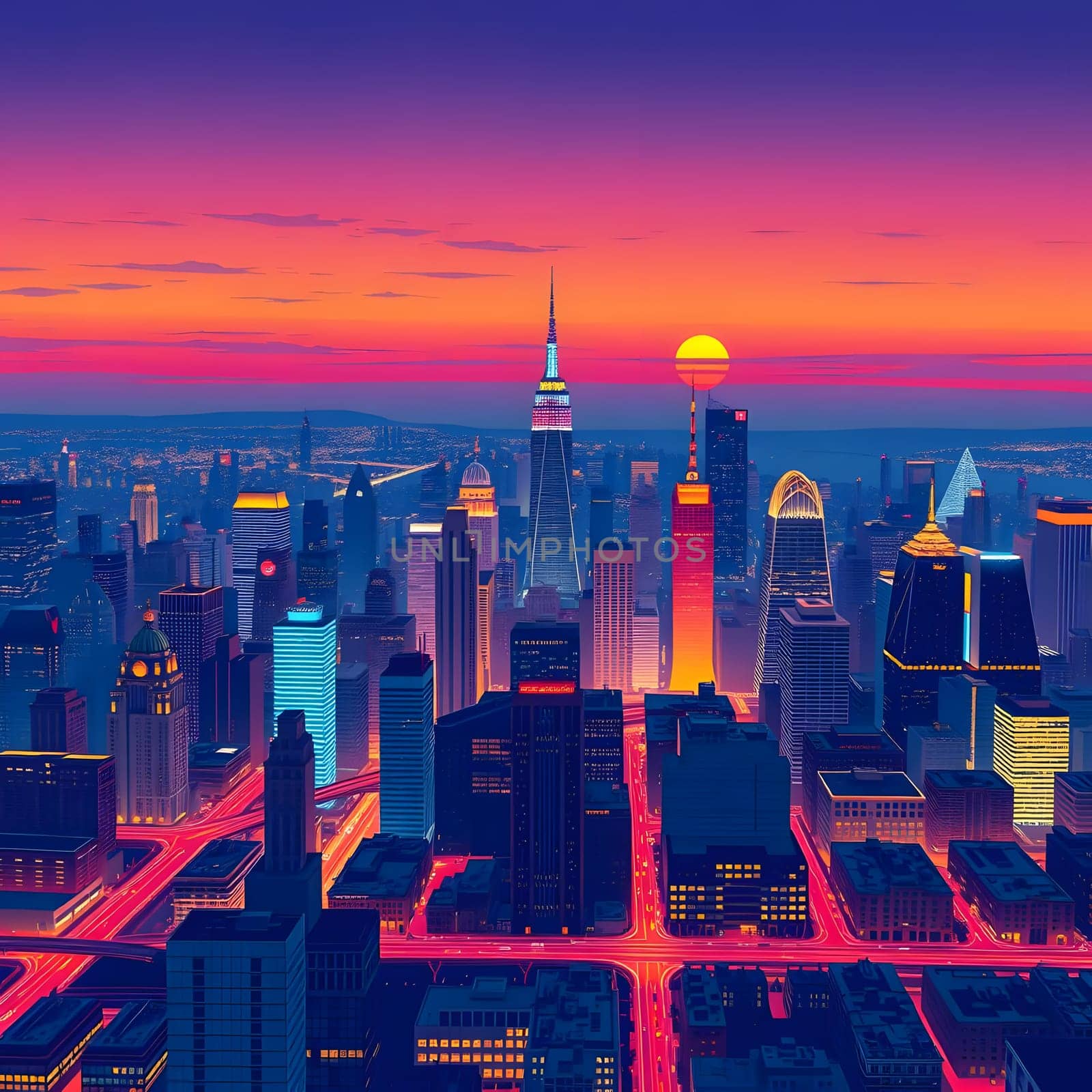 As the sun sets, vibrant colors fill the sky above the city skyline. Tall buildings reflect warm hues while streets glow with lights, creating a lively urban atmosphere at dusk.