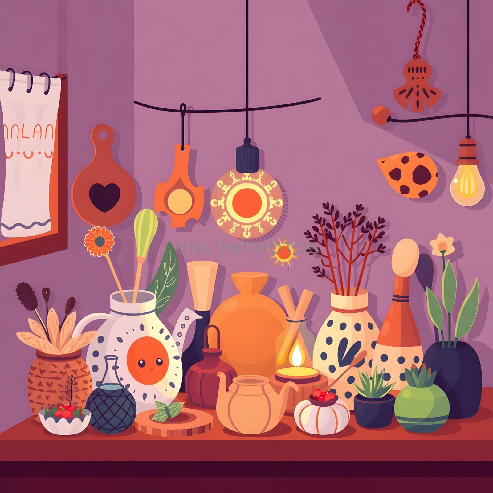 A charming display features various decorative vases, plants, and unique objects arranged on a wooden table, creating a warm and inviting atmosphere in a cozy indoor space.