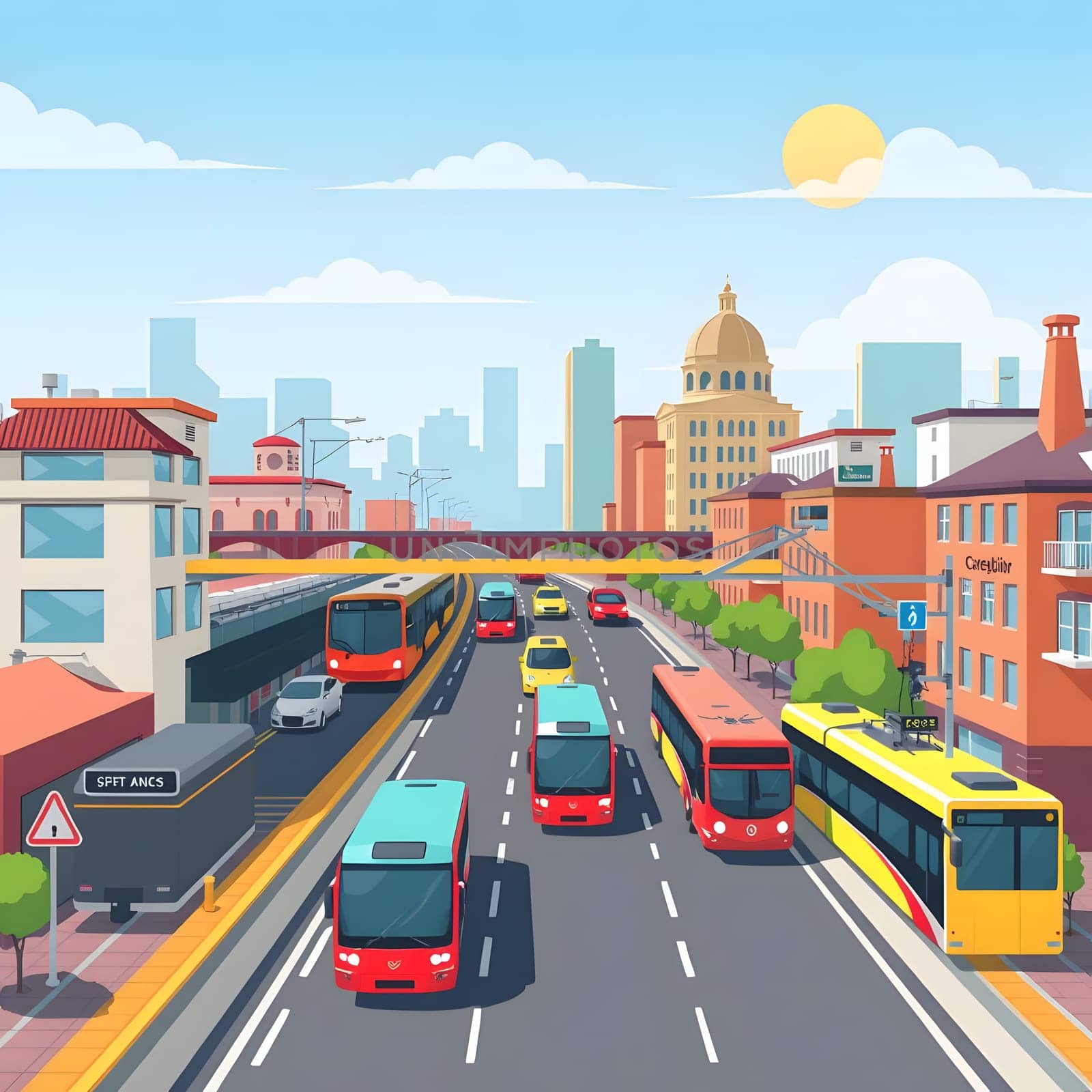 A vibrant cityscape showcases various buses moving along a busy street lined with buildings, trees, and a clear blue sky. The scene captures the essence of urban transport and daily life.