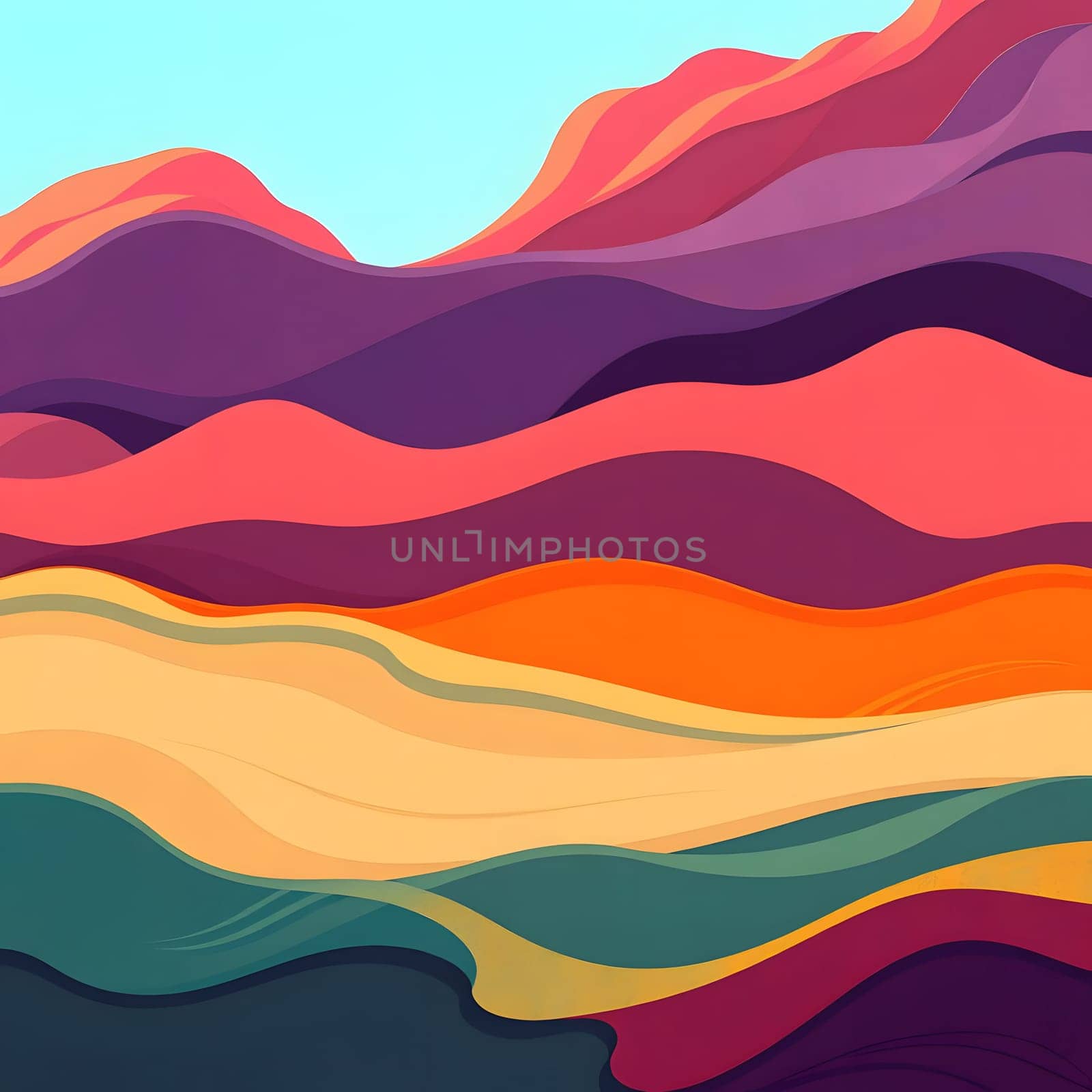 This artwork showcases an abstract landscape with layered hills in hues of pink, orange, and purple, creating a tranquil yet dynamic composition reminiscent of a sunset.