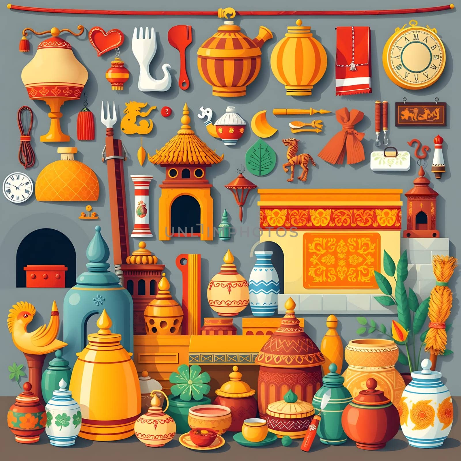 A vibrant assortment of decorative items and artifacts from different cultures, showcasing unique shapes, colors, and styles. The array features pottery, lamps, and traditional symbols.